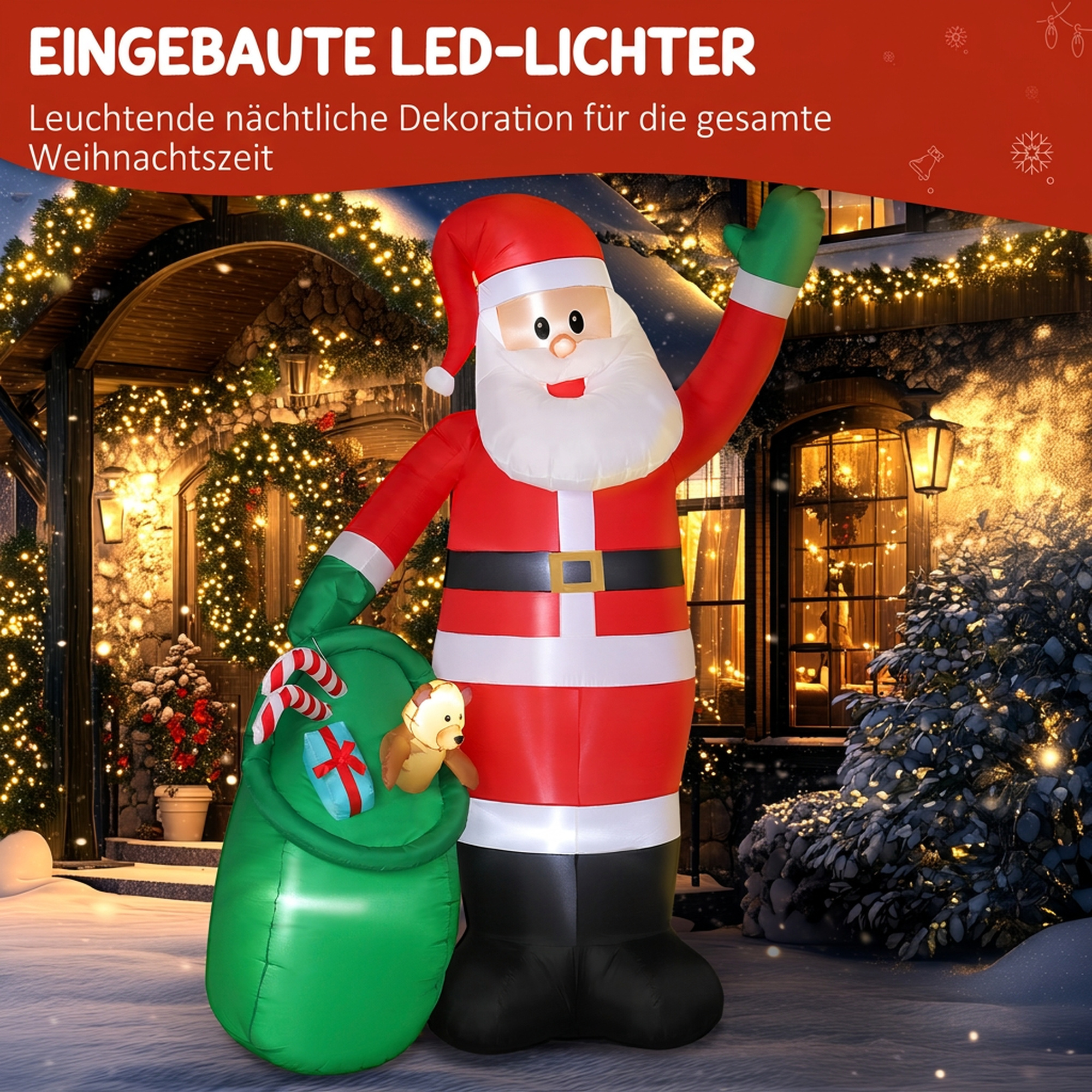 aufblasbarer Weihnachtsmann, 275 cm, mit Sack und Bär, Weihnachtsdeko mit integrierten LED-Lichtern