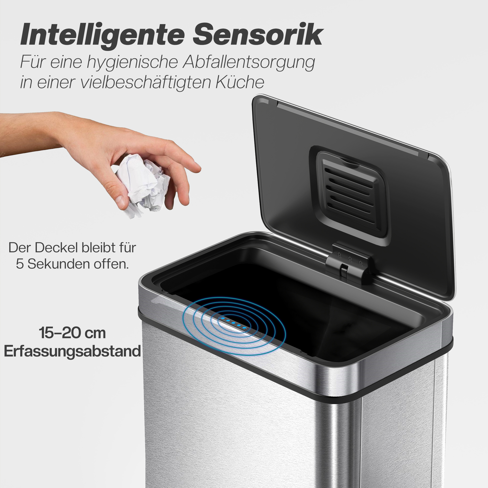50l Sensor-Mülleimer, automatischer Deckel, Edelstahl, vielseitig einsetzbar, Silberfarben