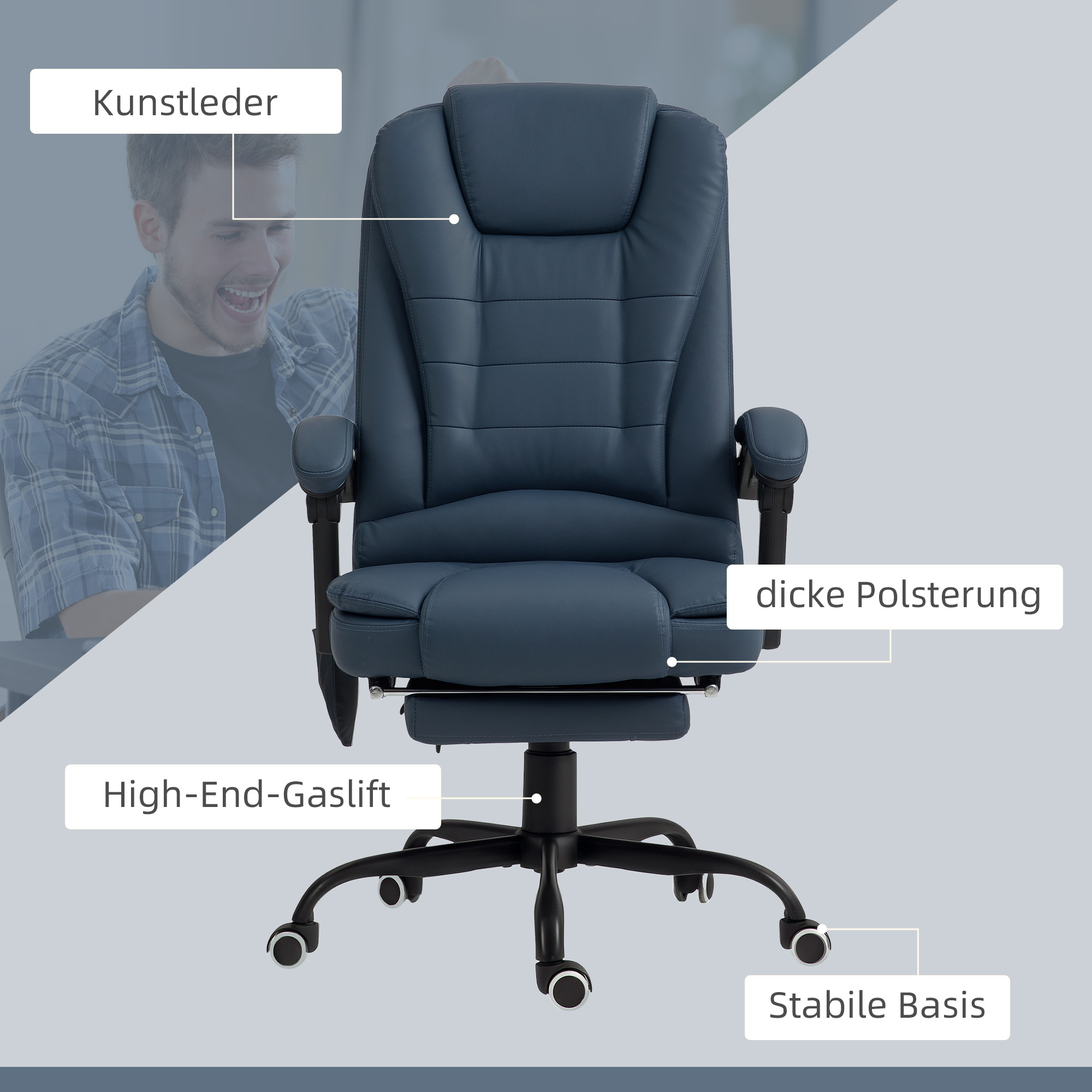 Massage-Bürostuhl, 7 Vibrationspunkte, verstellbare Fußstütze & Lehne, bis 120 kg, Lederoptik, Blau