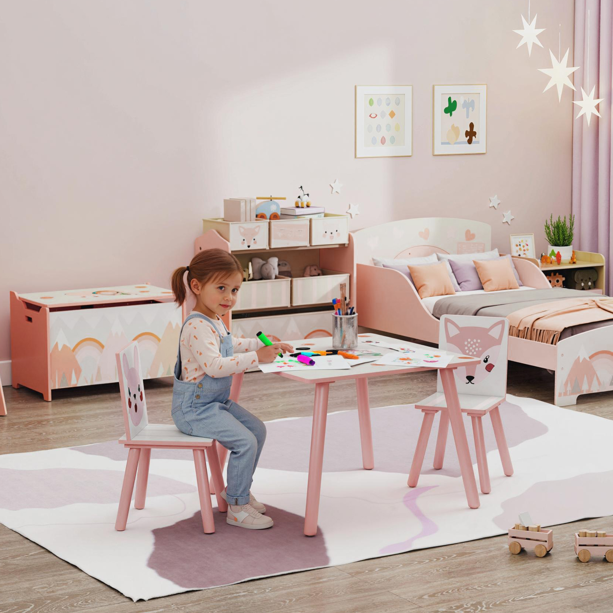 Kindersitzgruppe aus Kiefernholz, Tisch mit 2 Stühlen, Tiermotiv, Kinderzimmer, 3-8 Jahre, Rosa