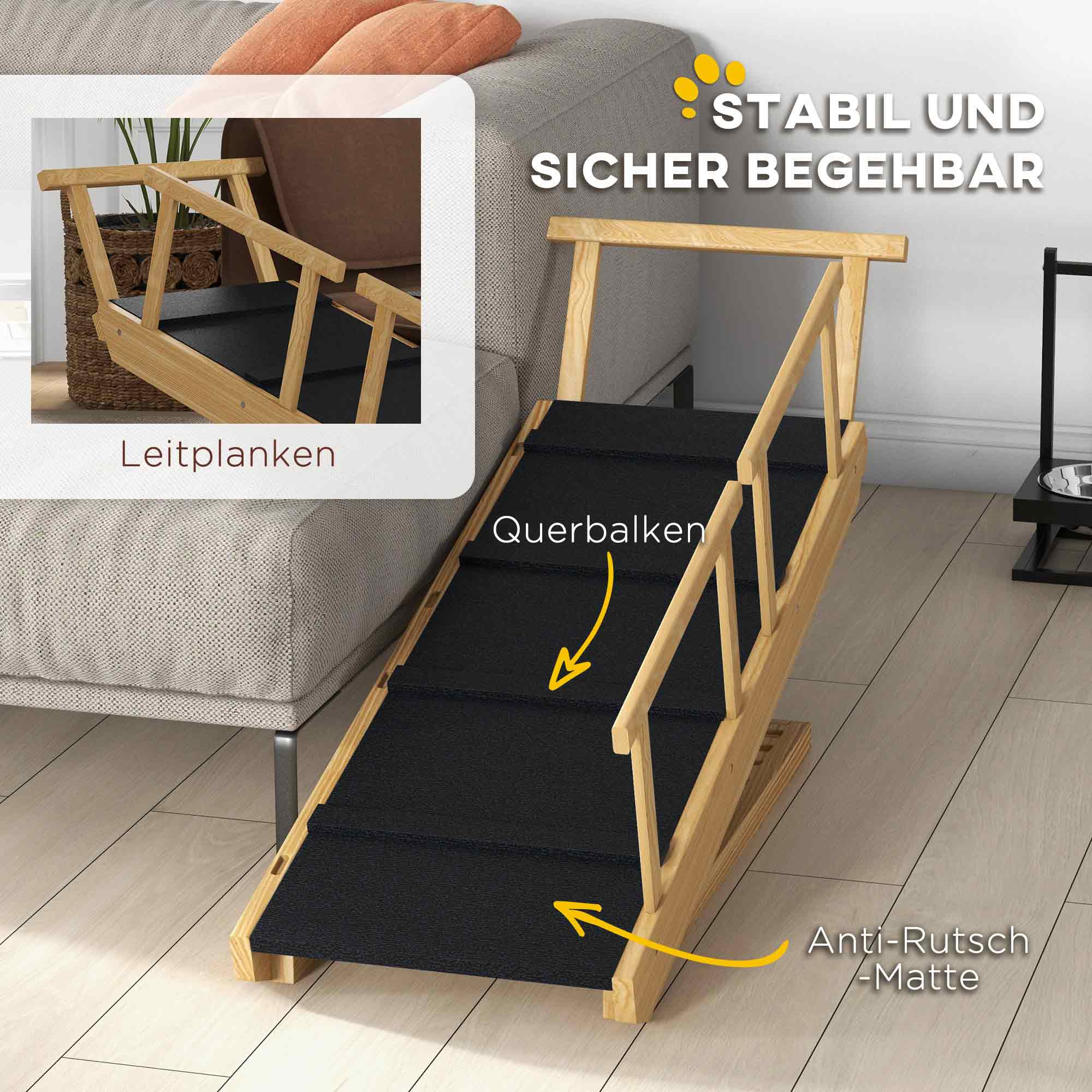 Hunderampe, höhenverstellbar, klappbar, Geländer, für Hunde bis 40kg, Holzrahmen, 85 x 40 x 61 cm, Schwarz