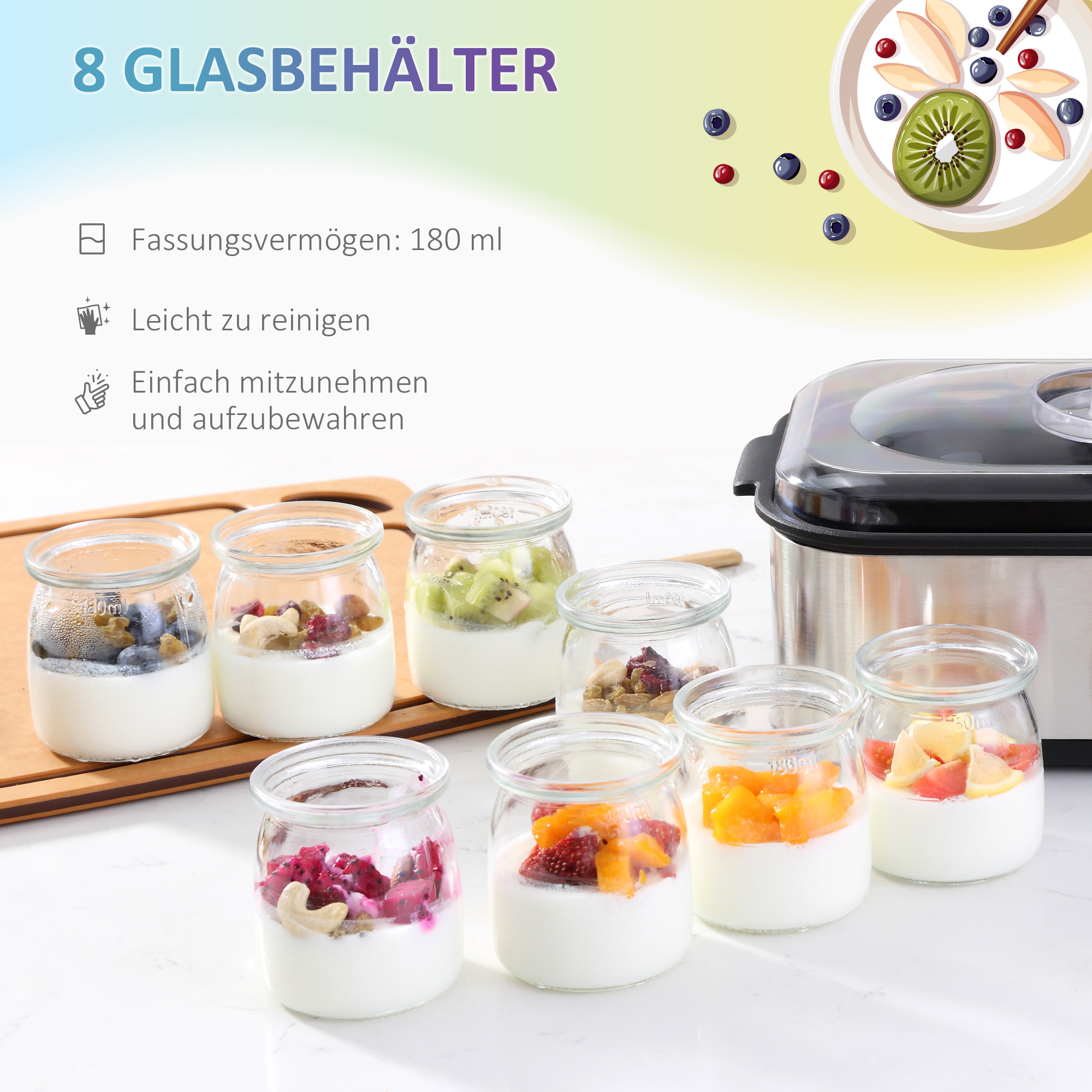 Joghurtbereiter, griechische Joghurtmaschine mit Deckel, 8 BPA-freier Glas-Innenbehälter à 180 ml, Joghurt Maker mit LCD Display Timer, für bis zu 1,4 Liter Joghurt 25 W Silber