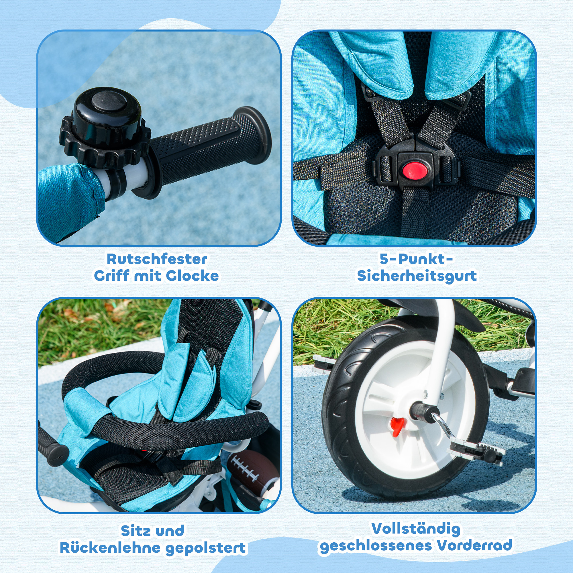 6-in-1 Kinderdreirad mit Schiebestange, Dach, Gurt, Ablagekorb, für 1-5 Jahre, Blau