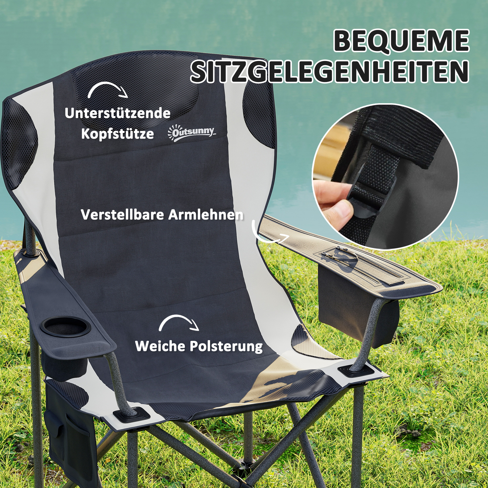 2er Set Faltstuhl faltbar Campingstuhl mit Armlehnen Getränkehalter Kopfstütze Kühltasche Schwarz