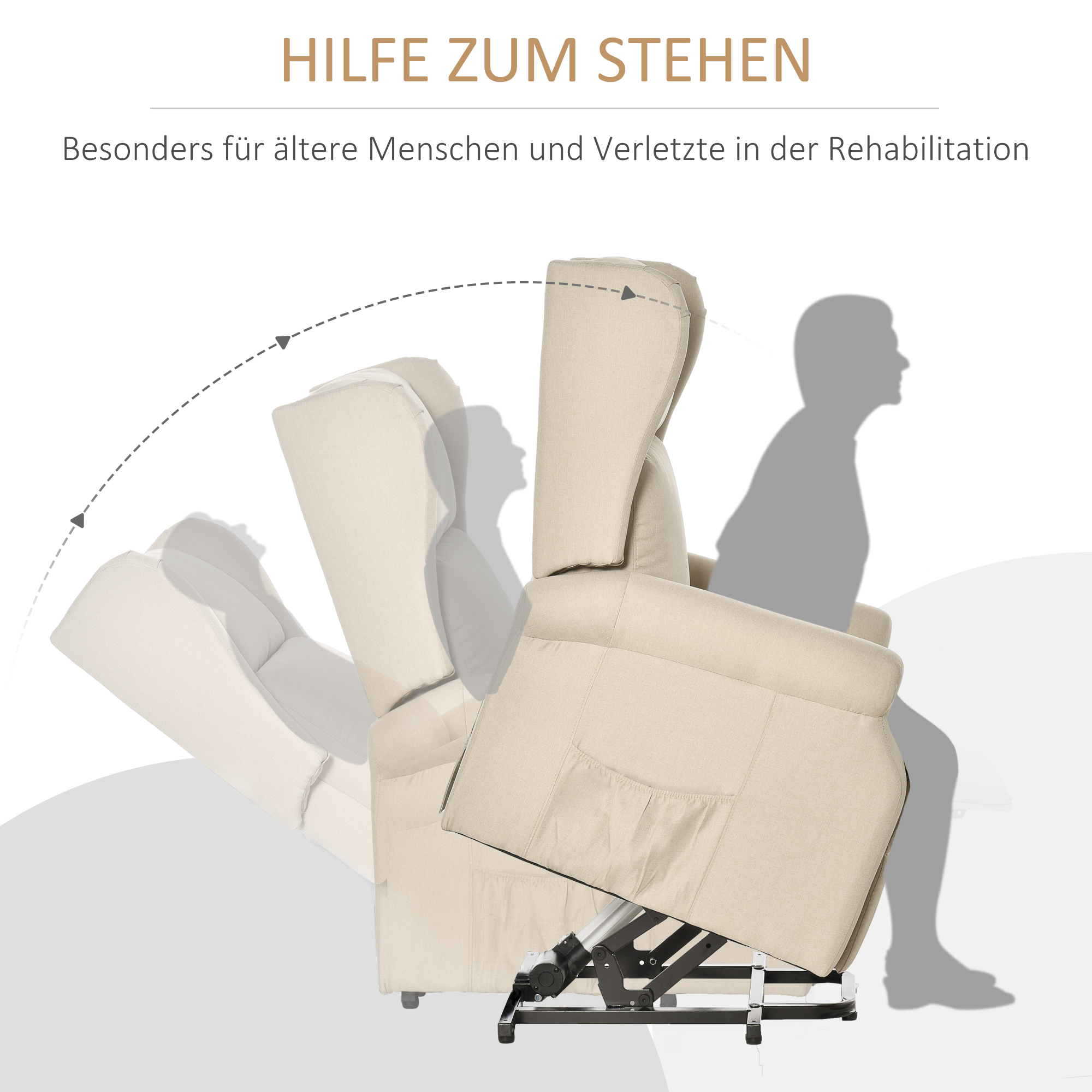 Relaxsessel mit Liegefunktion elektrisch, Seniorensessel mit Aufstehhilfe, , bis 200kg, 72,5x94x109cm, Creme