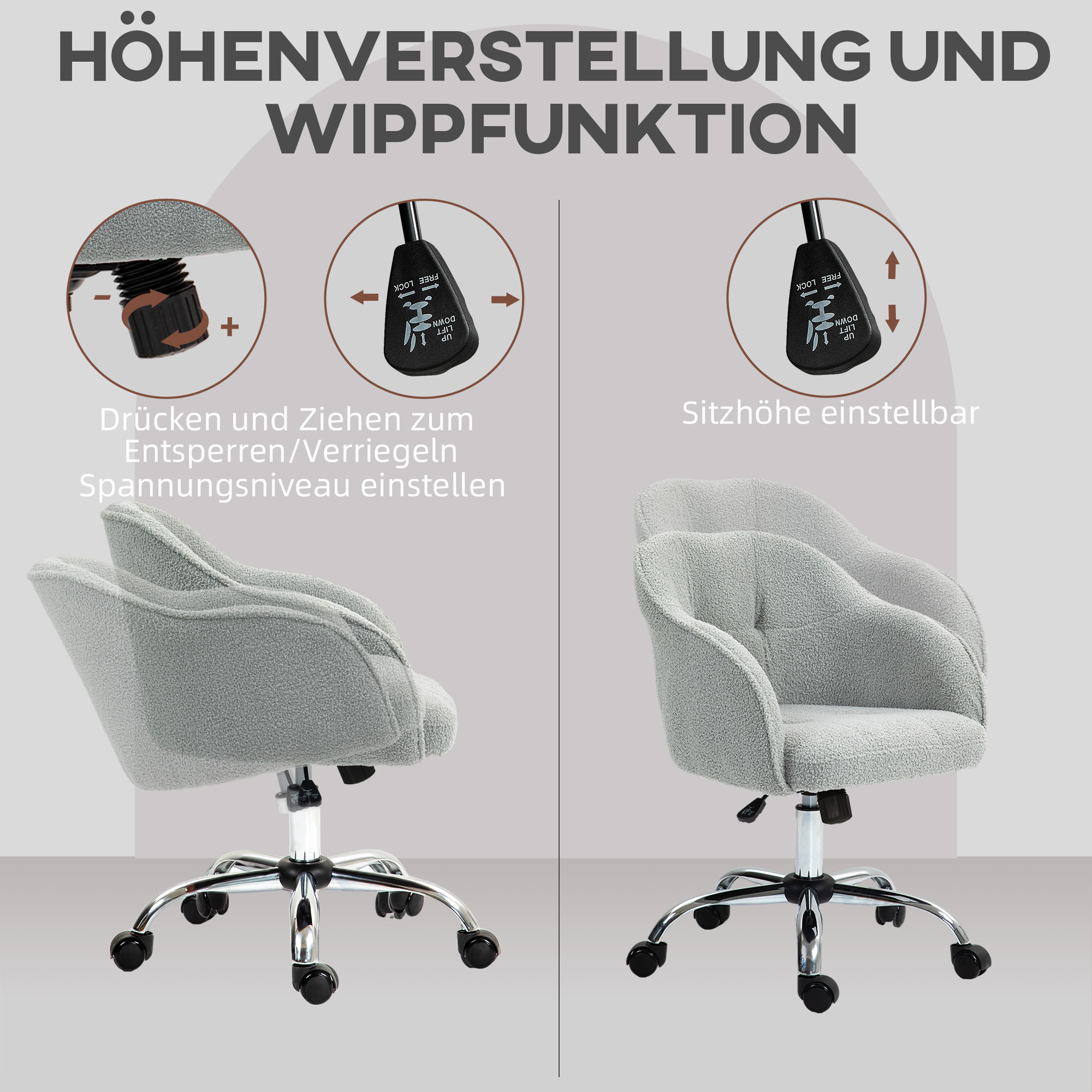 Homeoffice Stuhl, Ergonomisch Schreibtischstuhl mit Wippfunktion, Teddysamtoptik 56 x 61 x 86 cm Grau