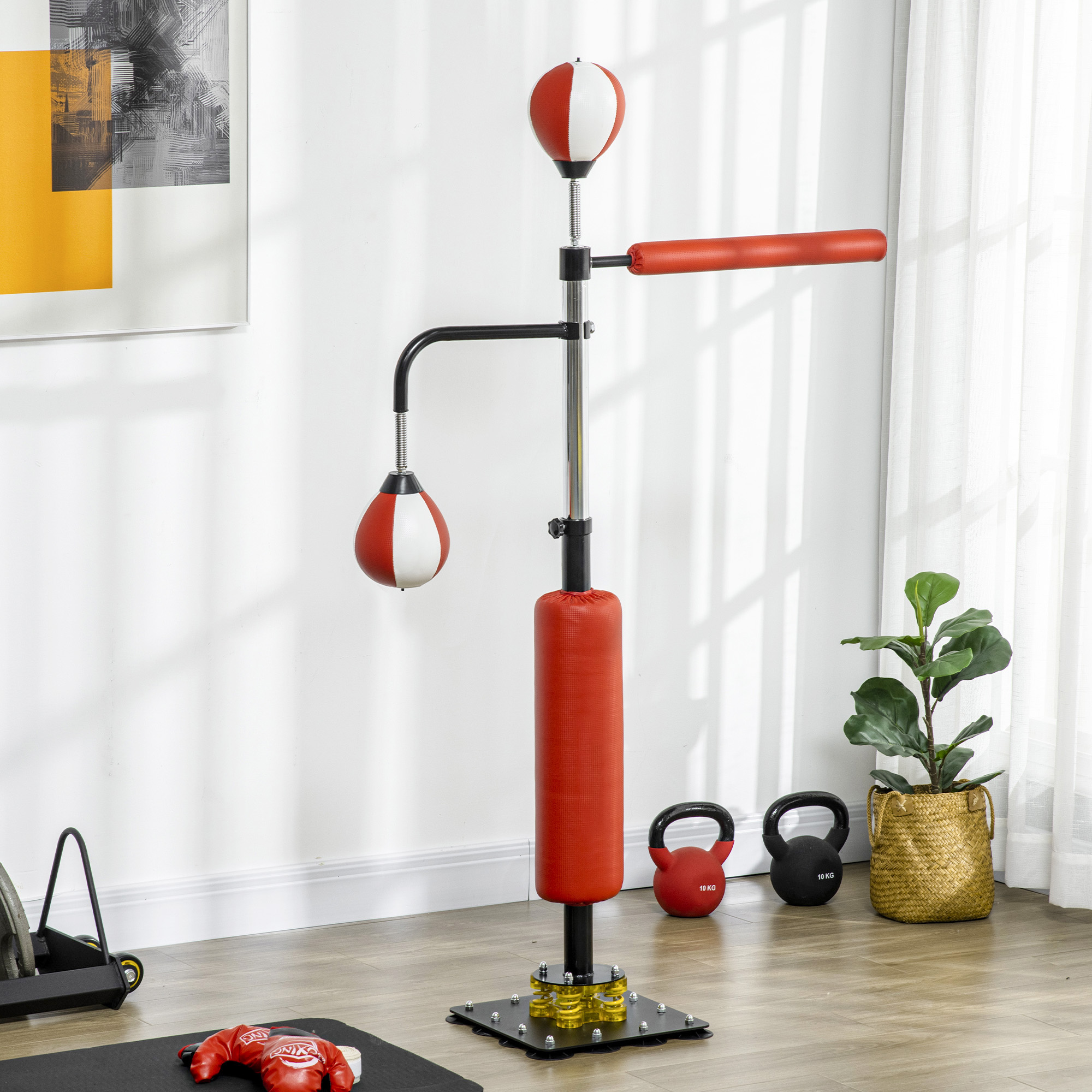 Boxstand, zwei Speedballs, drehbare Boxstange, Kickpolster, höhenverstellbar, Stahl, 107 x 36 x 140-205cm