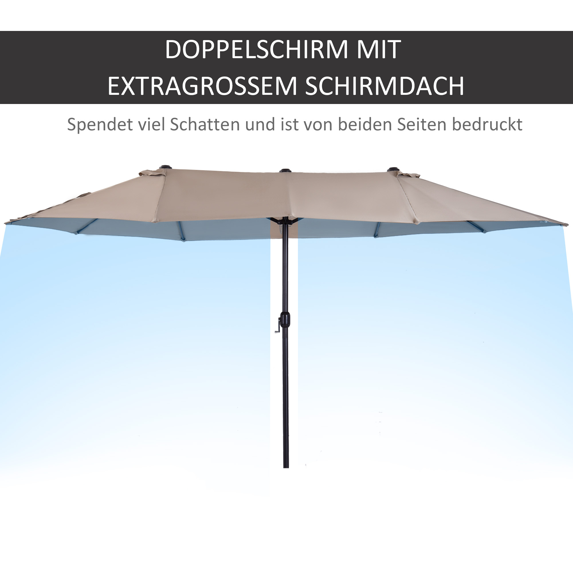 Doppelsonnenschirm 455 x 270 cm Gartenschirm mit Handkurbel oval stabil Metallstange Marktschirm Doppelsonnenschirm Terrassenschirm Sonnenschutz für Strand Balkon Terrasse Garten Hellkaffee