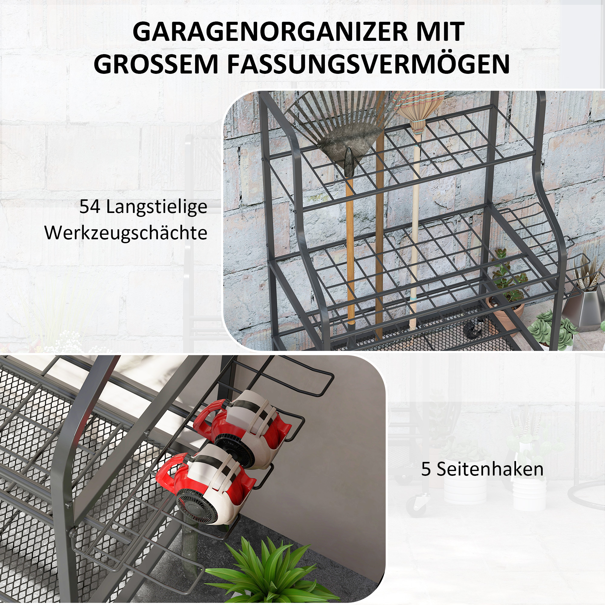 Gartenwerkzeug-Organizer 3-stufig Gartengeräte Ständer mit Haken bis 40 kg belast 77x40x97cm Schwarz