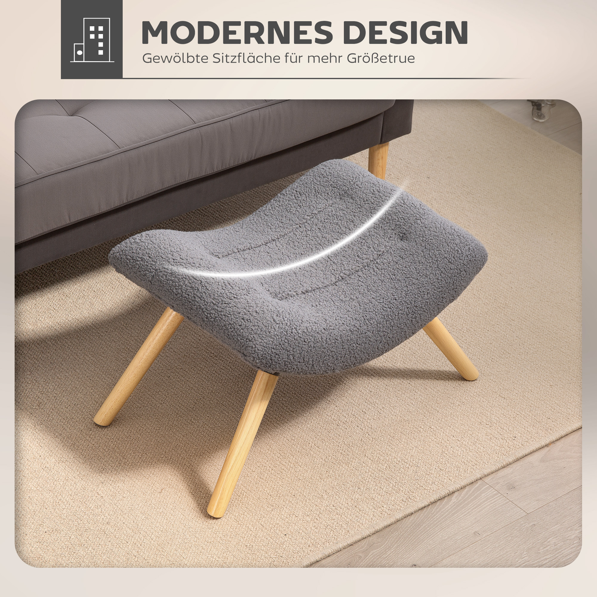 moderner Fußhocker mit Fleece-Bezug und Holzbeinen, gepolstert, für Wohnzimmer, Schlafzimmer, Flur, Dunkelgrau