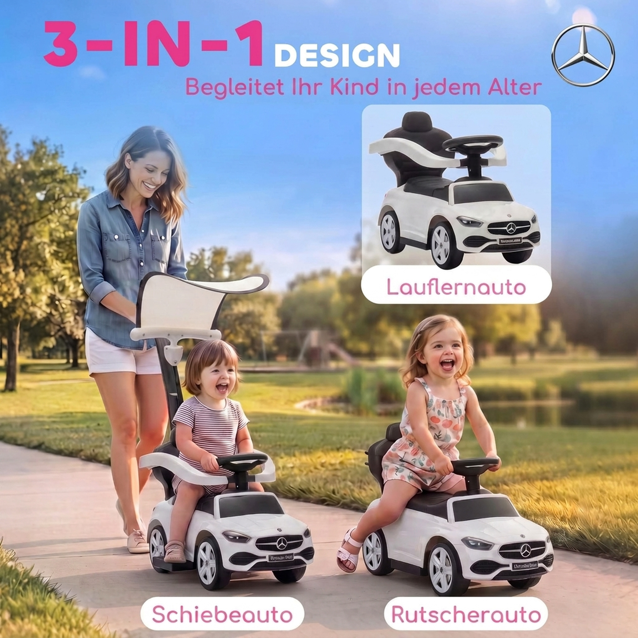 3-in-1 Rutschauto mit Schiebstange Mercedes-Benz Rutschfahrzeug mit Lenkrad Hupe Musik Dach Sitzstauraum Weiß
