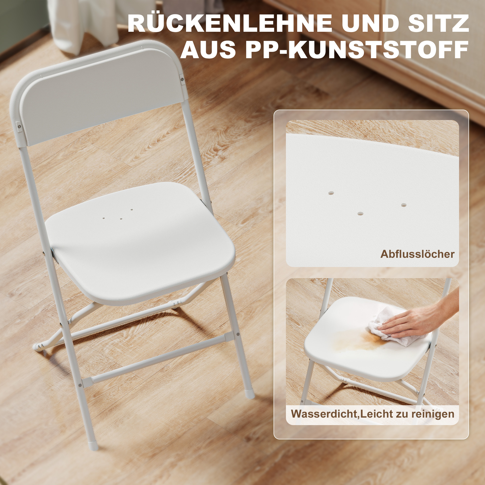 6er-Set Klappstühle, faltbare Stühle mit Ablauflöchern, Stahlrahmen, vielseitig einsetzbar, Weiß