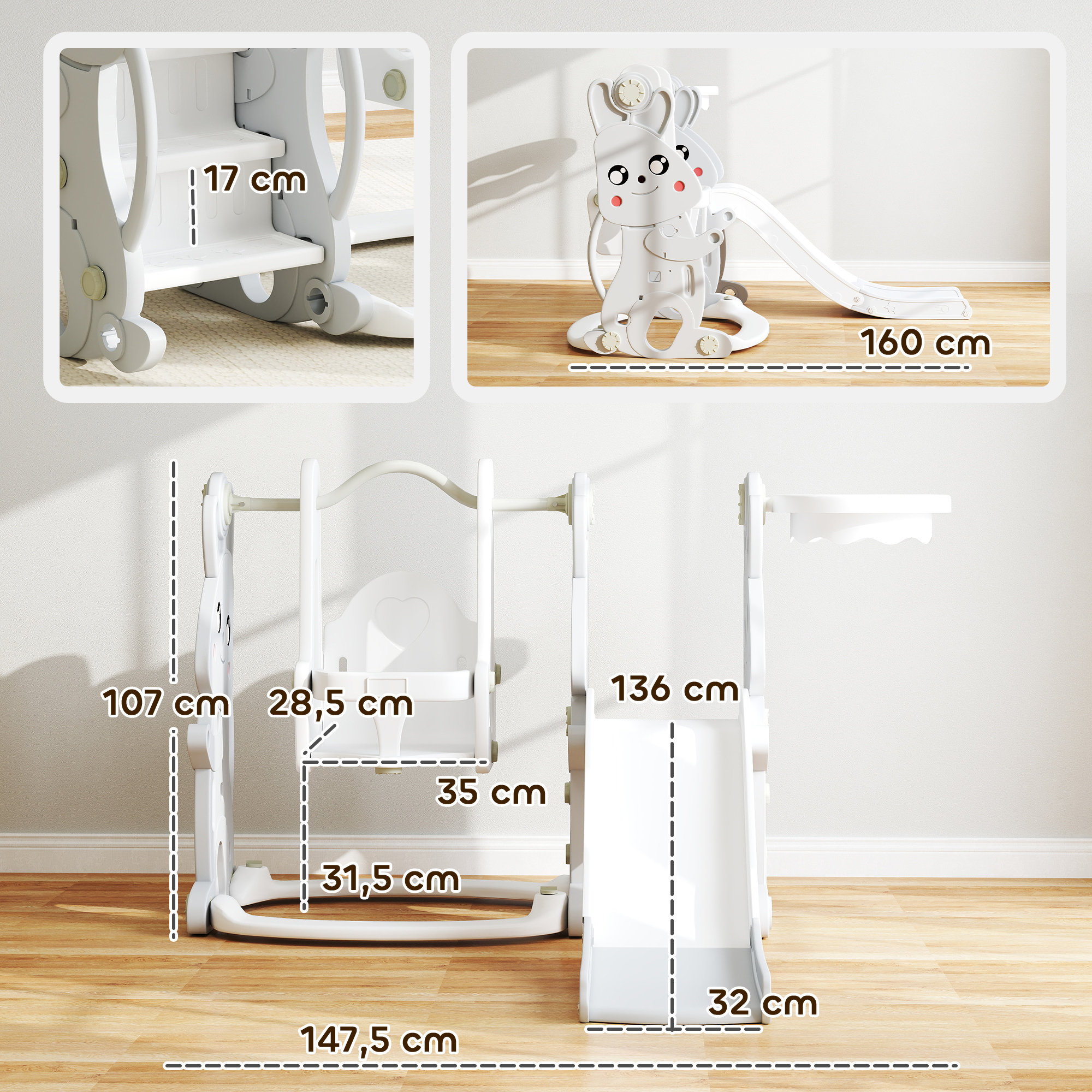 4-in-1 Spielset für Kleinkinder, Rutsche, Schaukel, Klettergerüst, Basketballkorb, Kunststoff, Hasendesign, Grau