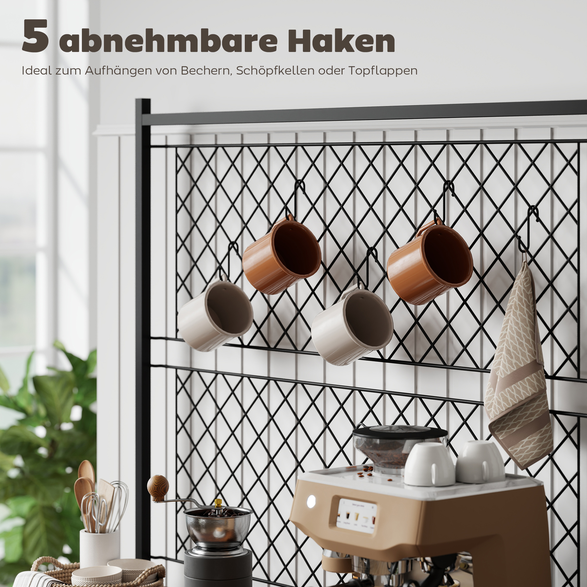 Küchenregal mit Arbeitsfläche, Metallgitterpaneele, 5 Haken, Küchenschrank für Gewürze, Töpfe, Pfannen, Braun