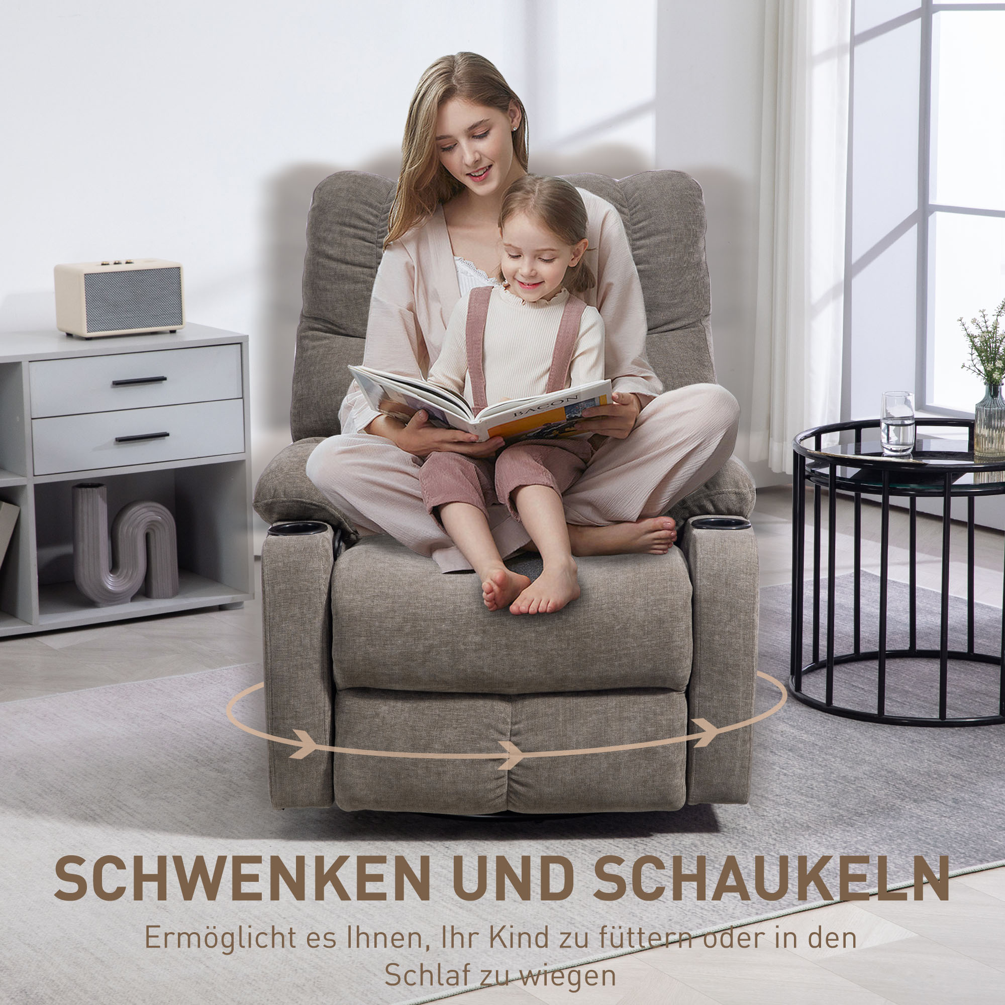 Relaxsessel mit Fußstütze, Loungesessel modern, drehbar, bis 150 kg, Stahlrahmen, 88x96x108cm, Hellbraun