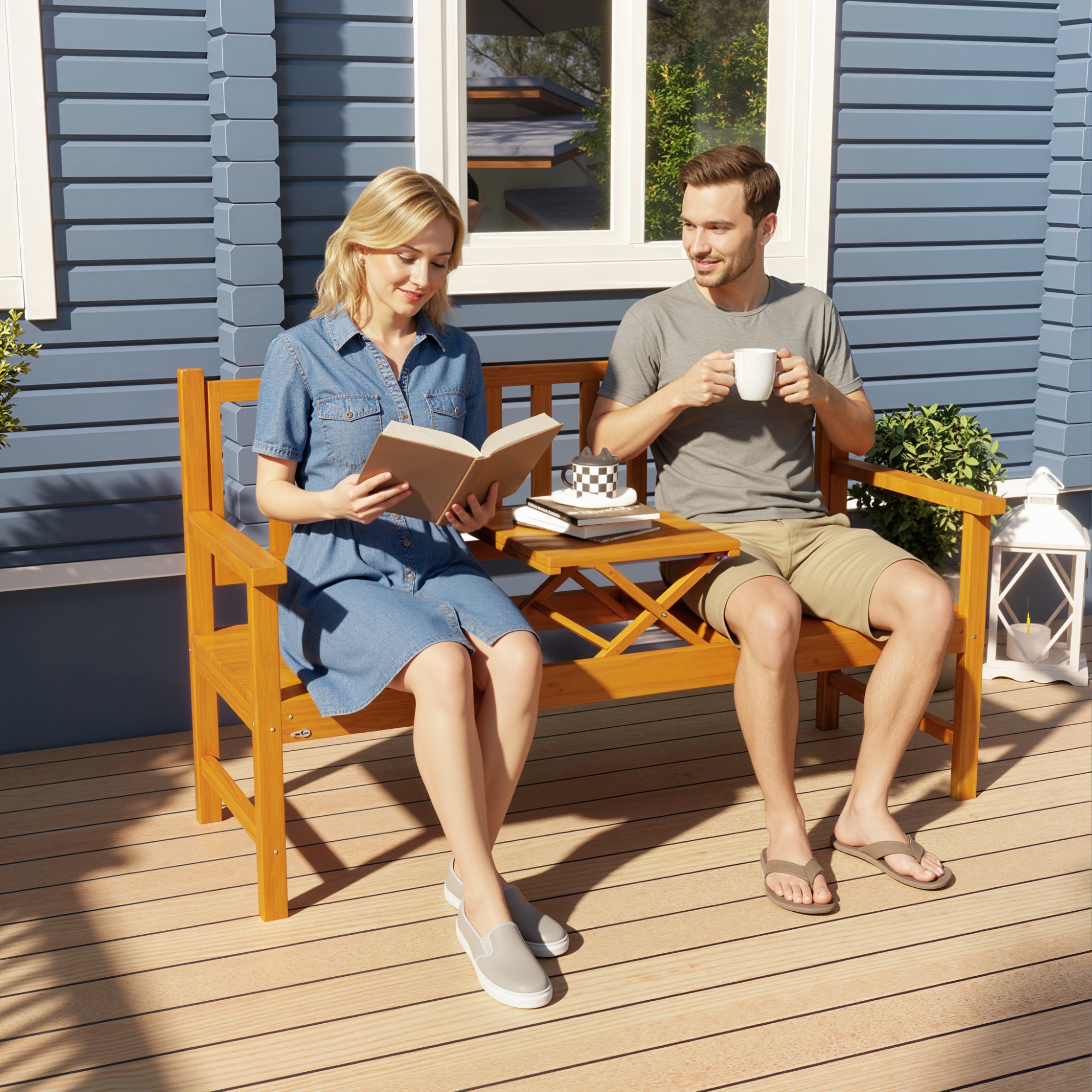 Gartenbank Holzbank Outdoor-Bank, ausklappbarer Tisch, wetterbeständig, Massivholz, 153 cm x 56 cm x 91 cm,  Hellbraun