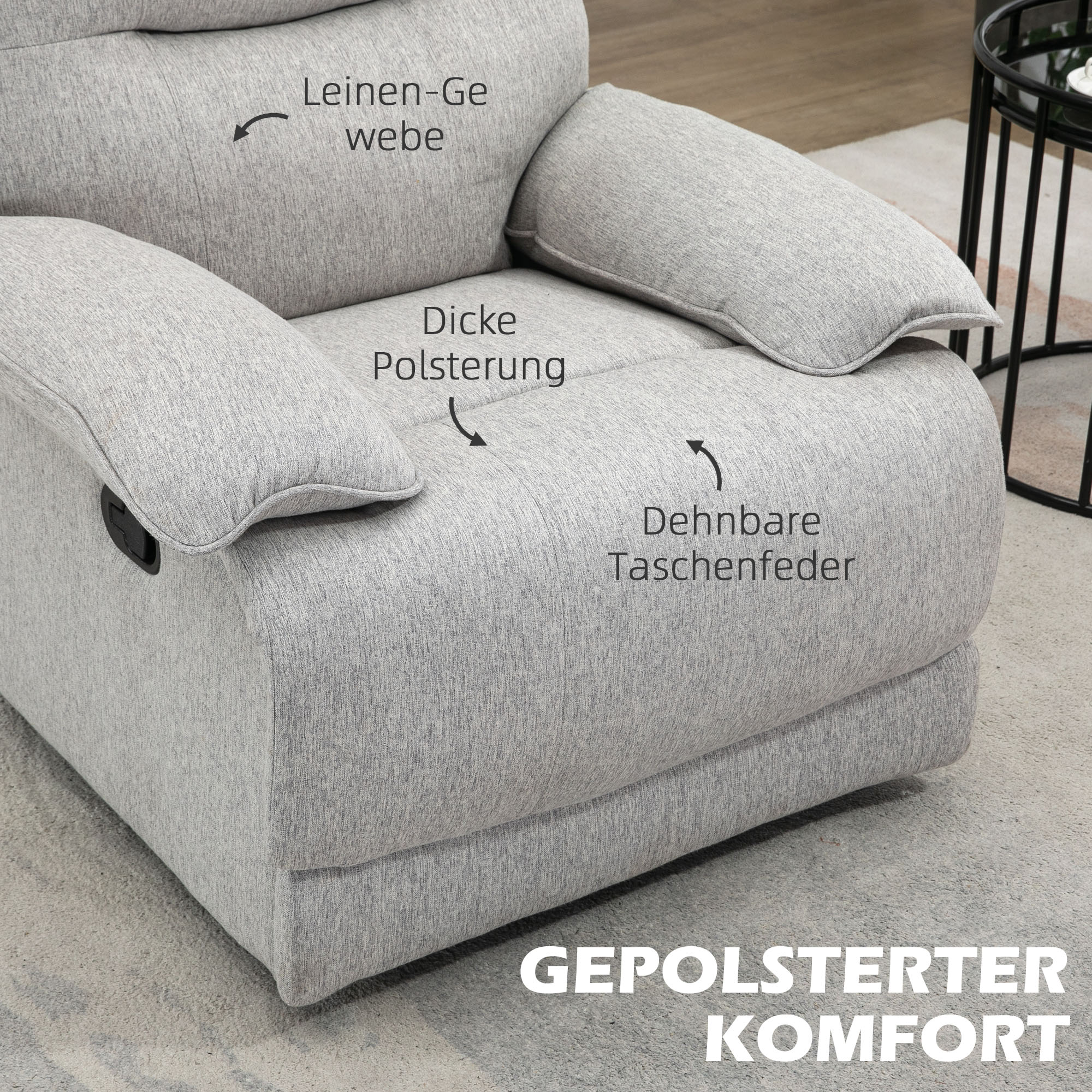Relaxsessel mit Liegefunktion, Fußstütze, bis 160 kg, 89x98x101cm, Hellgrau