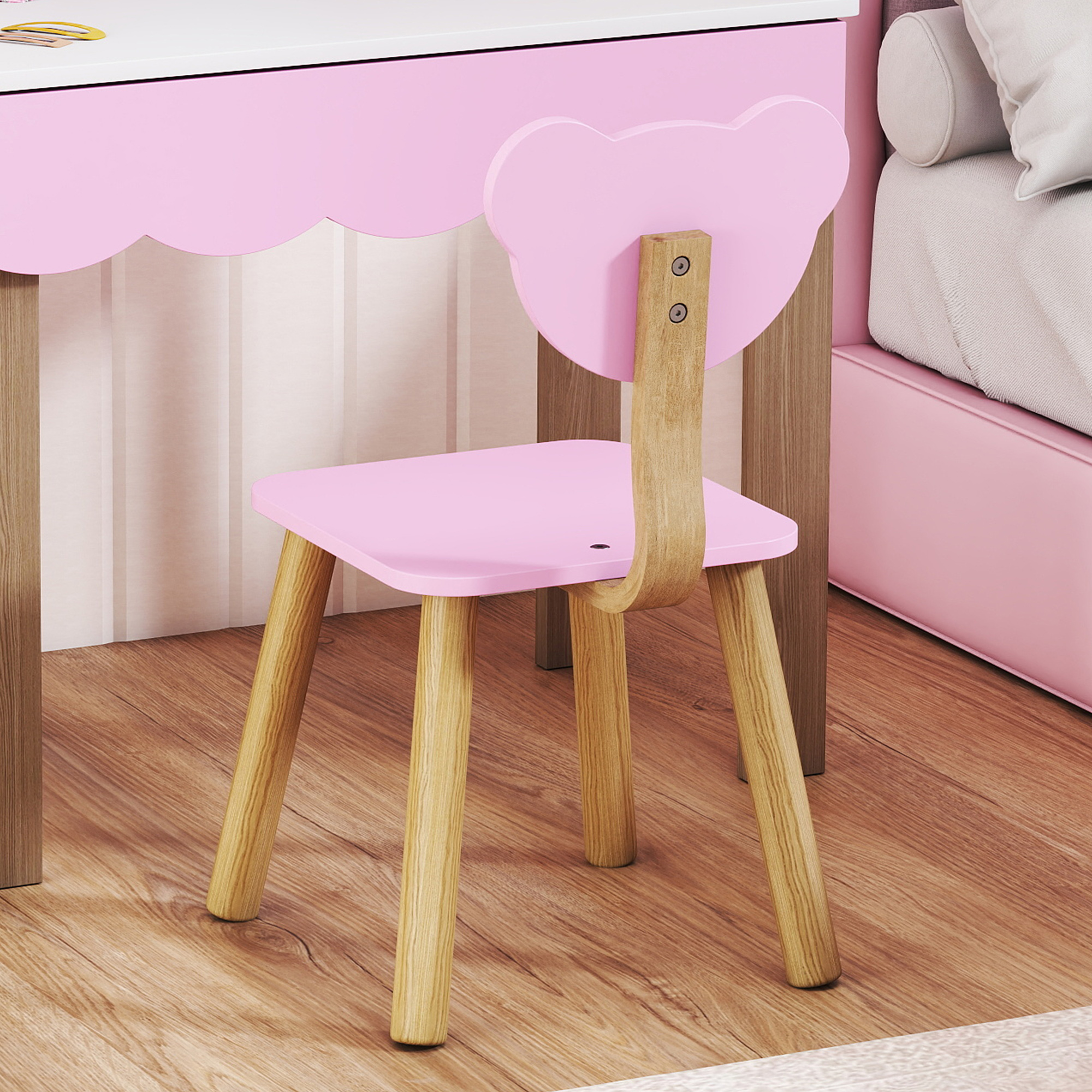 Frisiertisch-Set mit Hocker für Kinder, Schminkspiegel, Bärchenform, Schublade, MDF, Rosa