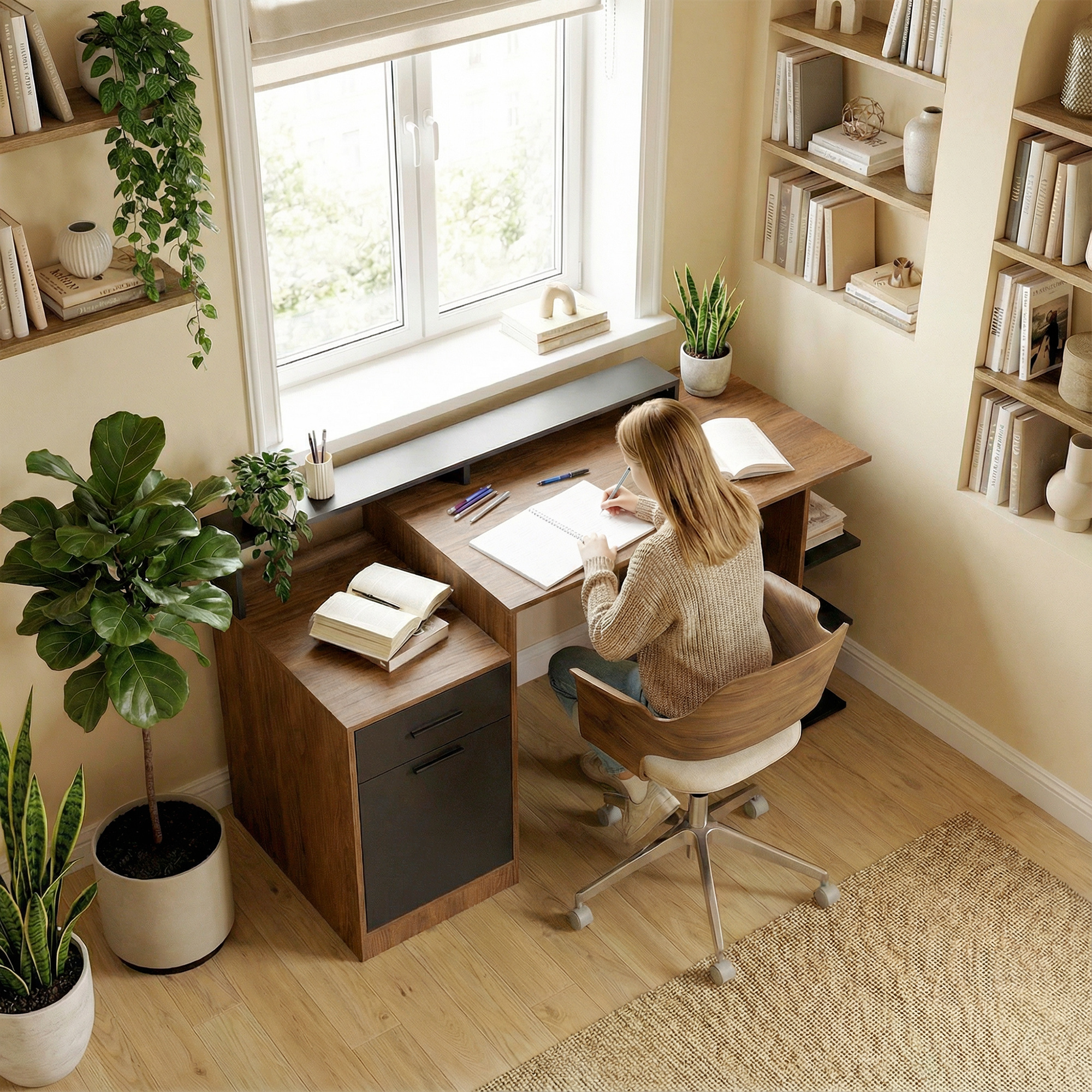 Computertisch mit Stauraum und Regalen, Moderner Schreibtisch für Büro und Arbeitszimmer, 140 cm, Eiche