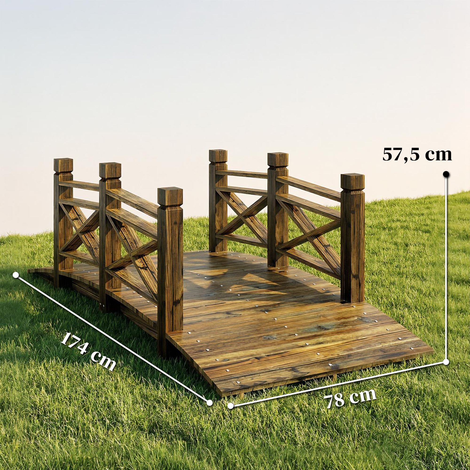 Holzbrücke mit Geländer Gartenbrücke aus Tannenholz Teichbrücke mit Antik-Optik, begehbar 174 x 78 x 57,5 cm Verkohlt