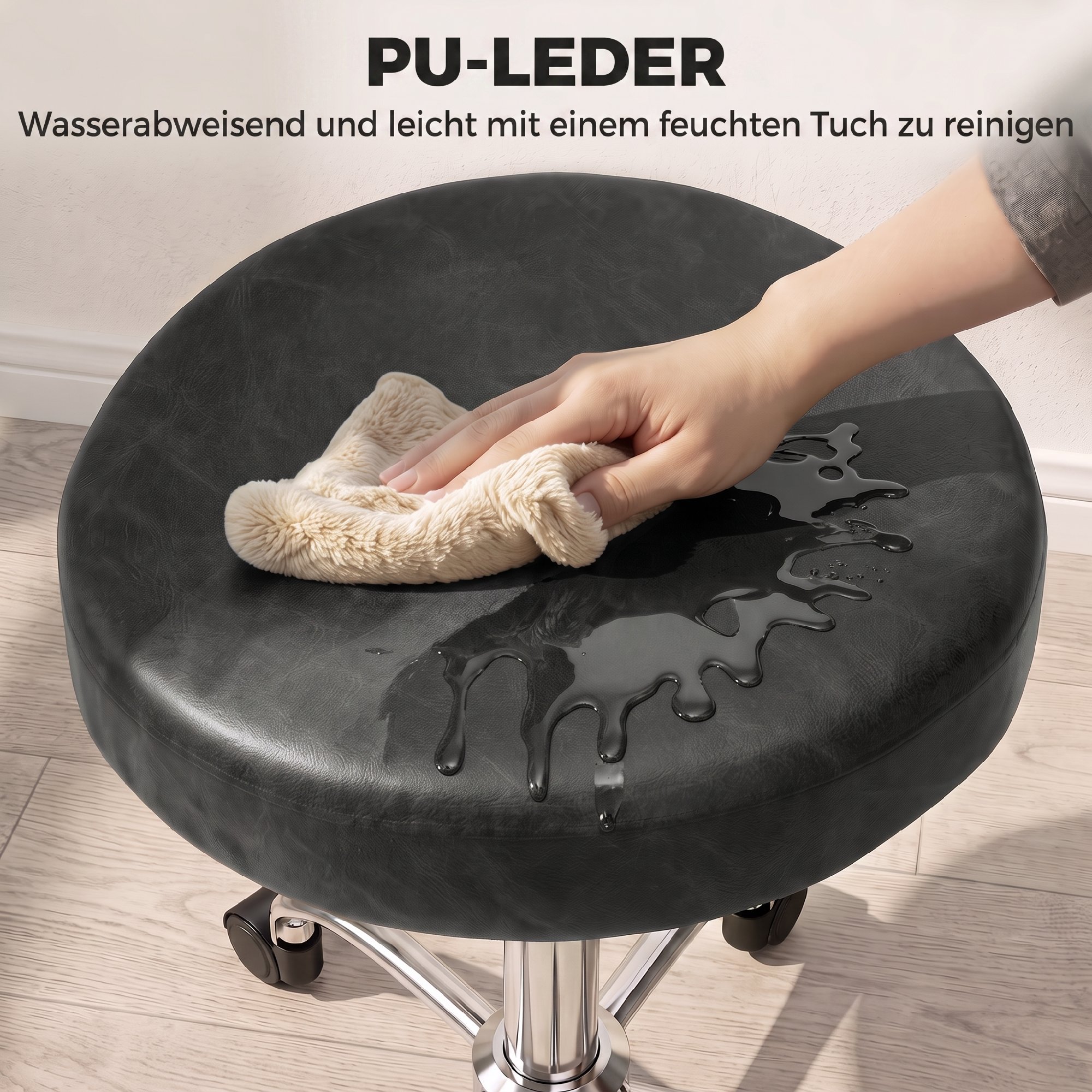 Rollhocker aus PU-Leder, höhenverstellbarer Salonhocker mit gepolsterter Sitzfläche, drehbarer Beautyhocker auf Rollen