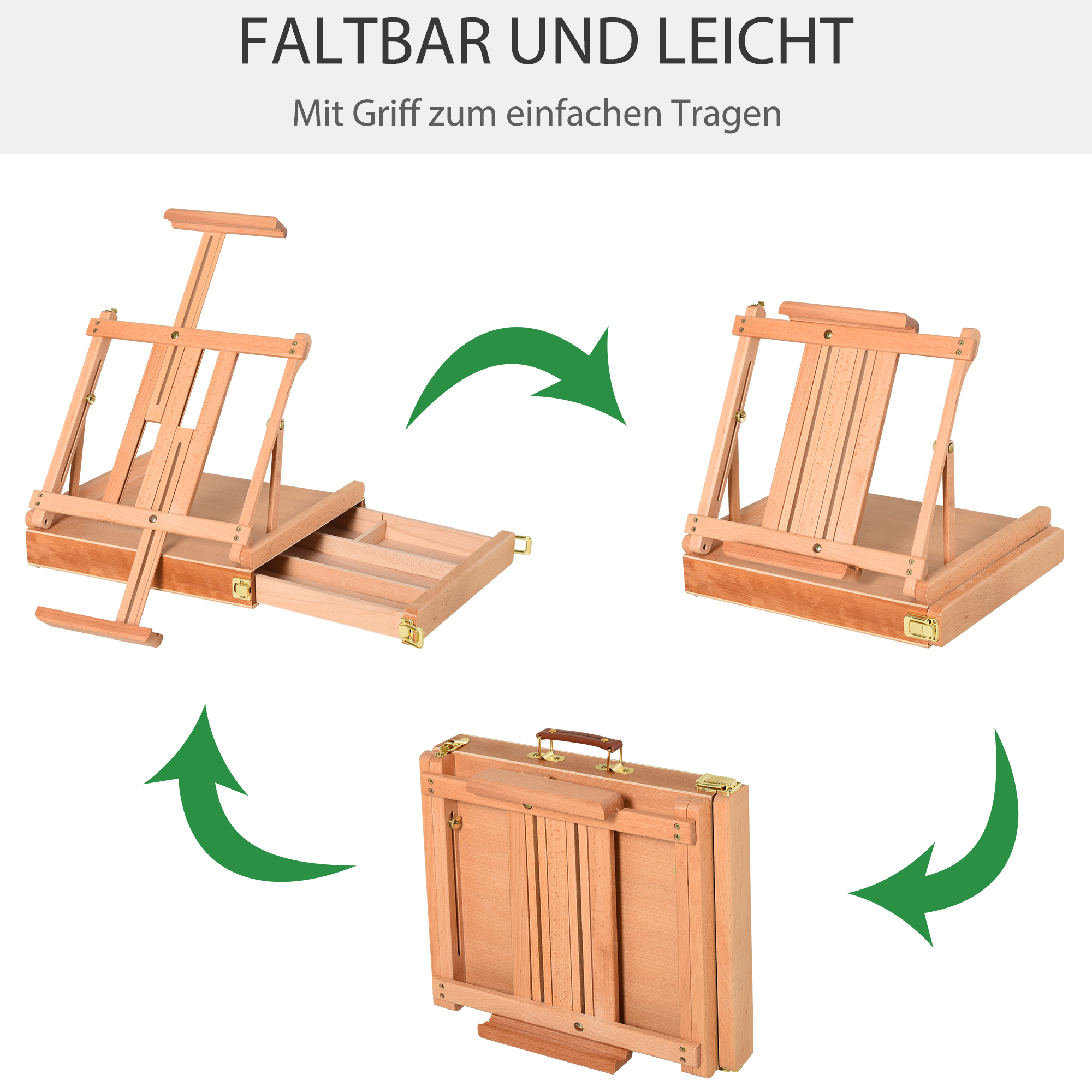 Tischstaffelei Winkelverstellbare Staffelei mit Griff Kofferstaffelei zum Malen & Zeichnen Faltbare Atelierstaffelei mit Schublade Buchenholz Natur