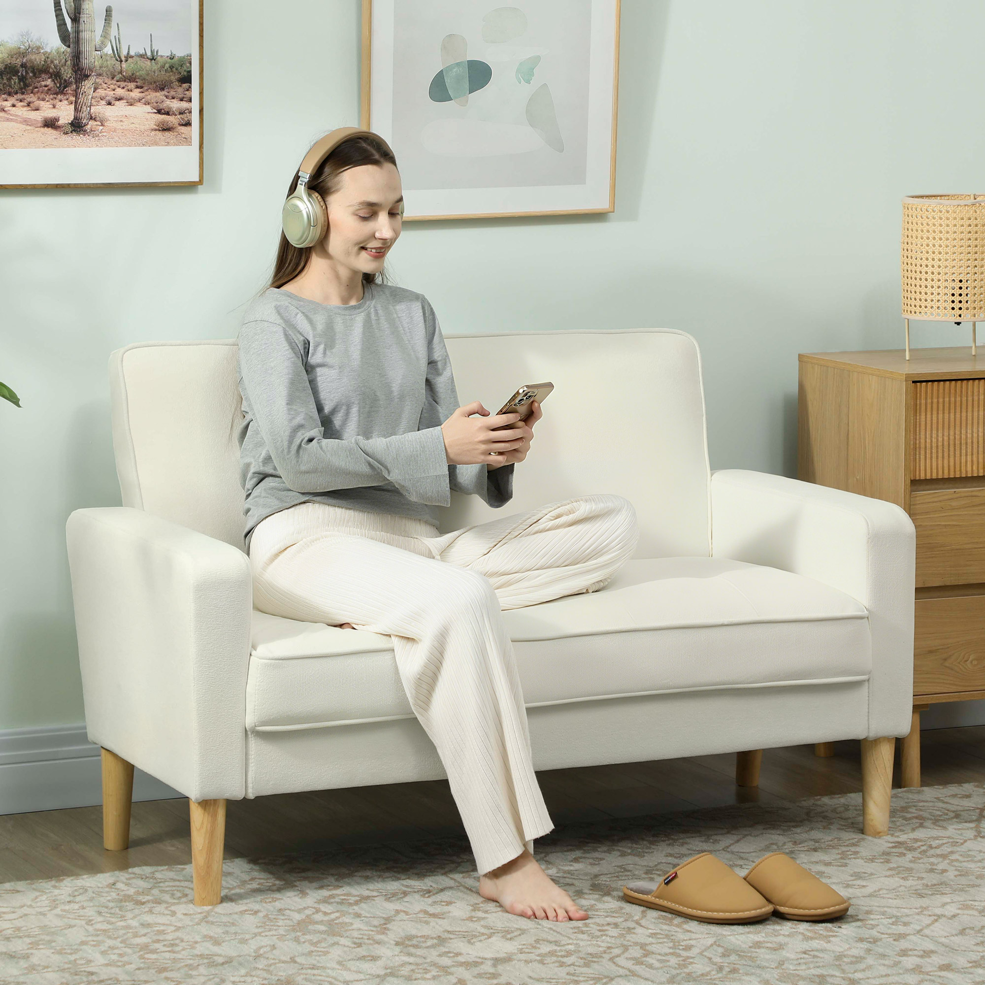 2-Sitzer-Sofa, Doppelsitzsofa mit Kautschukholzbeinen, Polstersofa für Wohnzimmer, Schlafzimmer, Cremeweiß