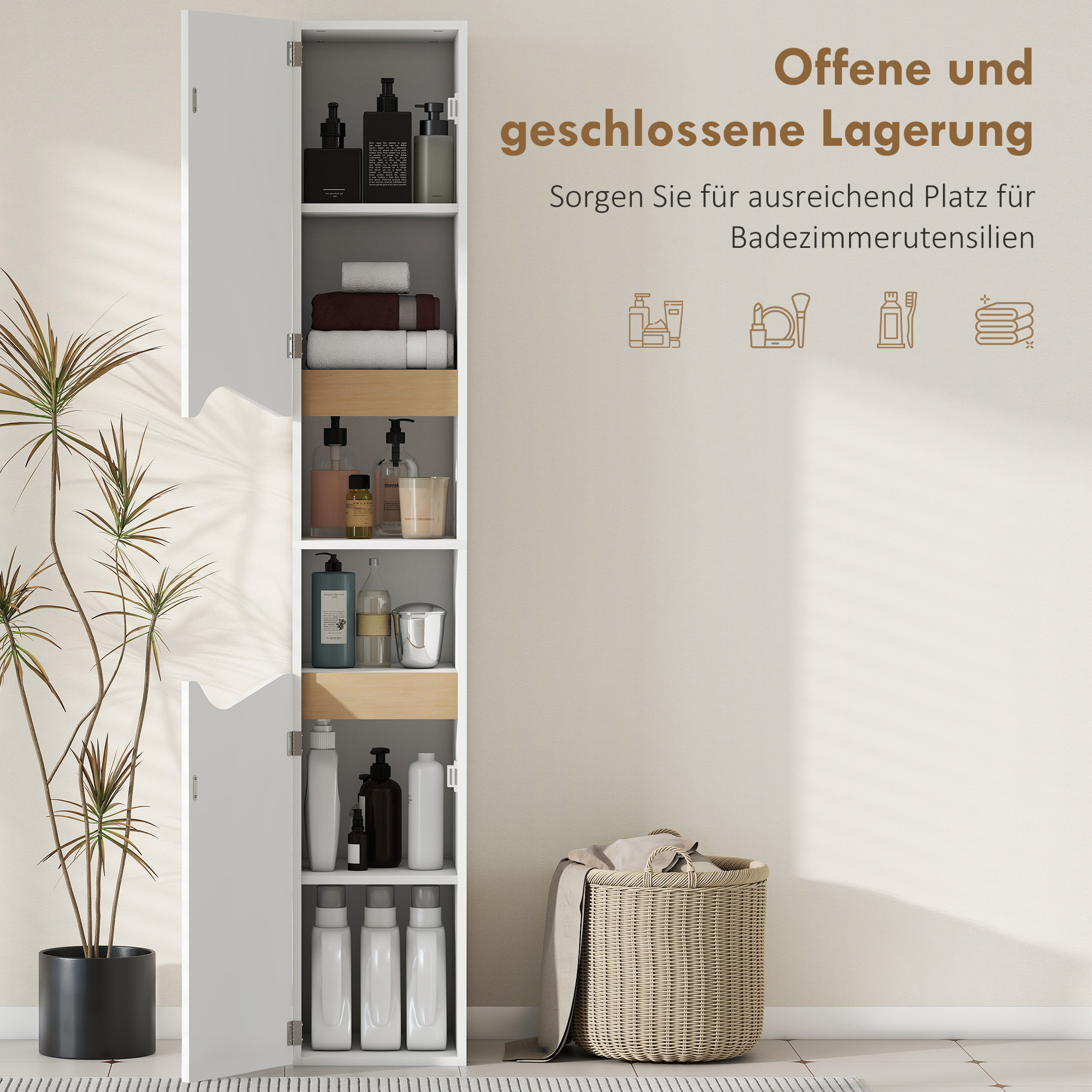 Badezimmerschrank Schmal Hochschrank mit 2 Türen, 2 Offenen Fächern, für Badezimmer 30 x 34,6 x 182 cm Weiß