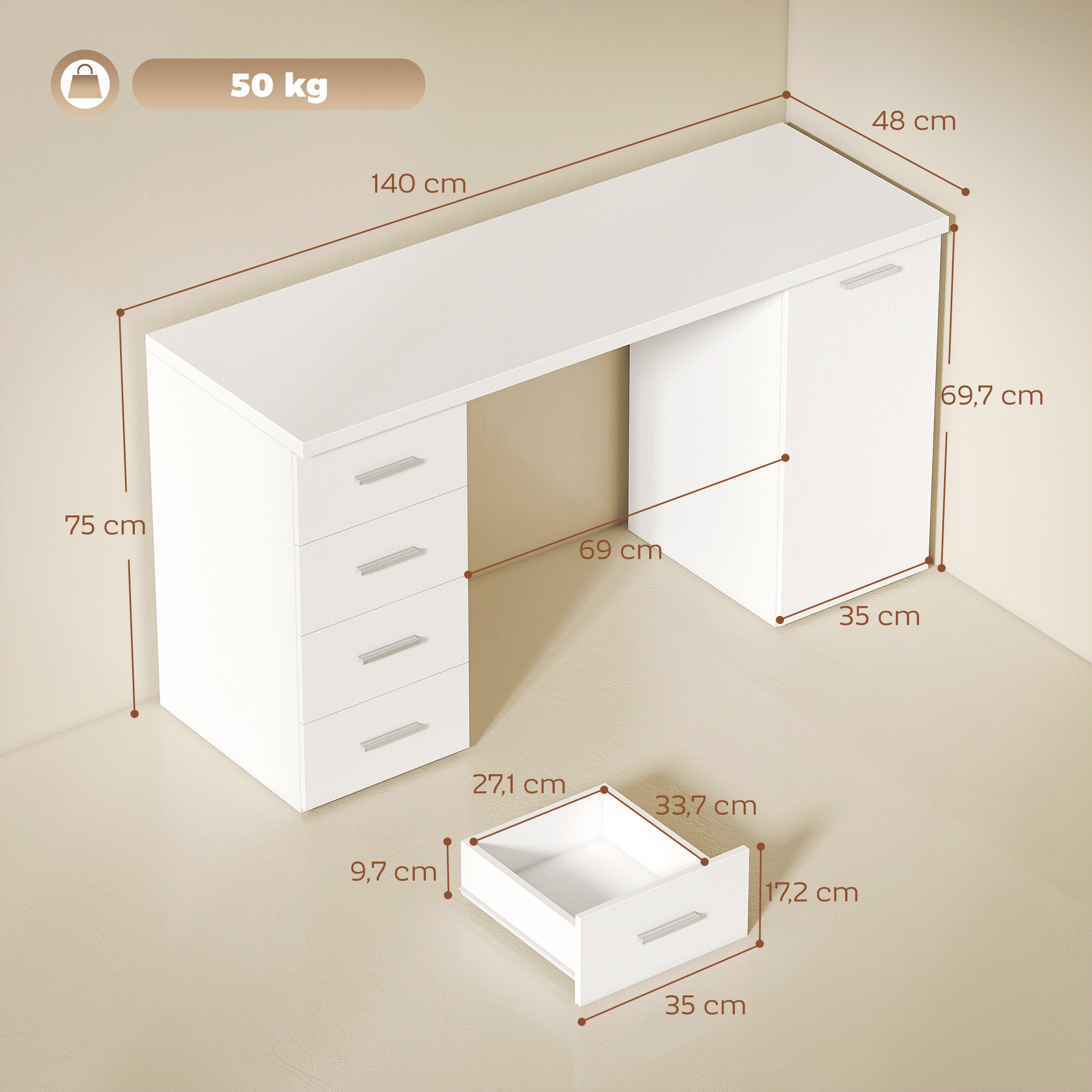 Computertisch mit 4 Schubladen und Schrank, 140 cm Schreibtisch für Arbeitszimmer, Weiß Holzoptik