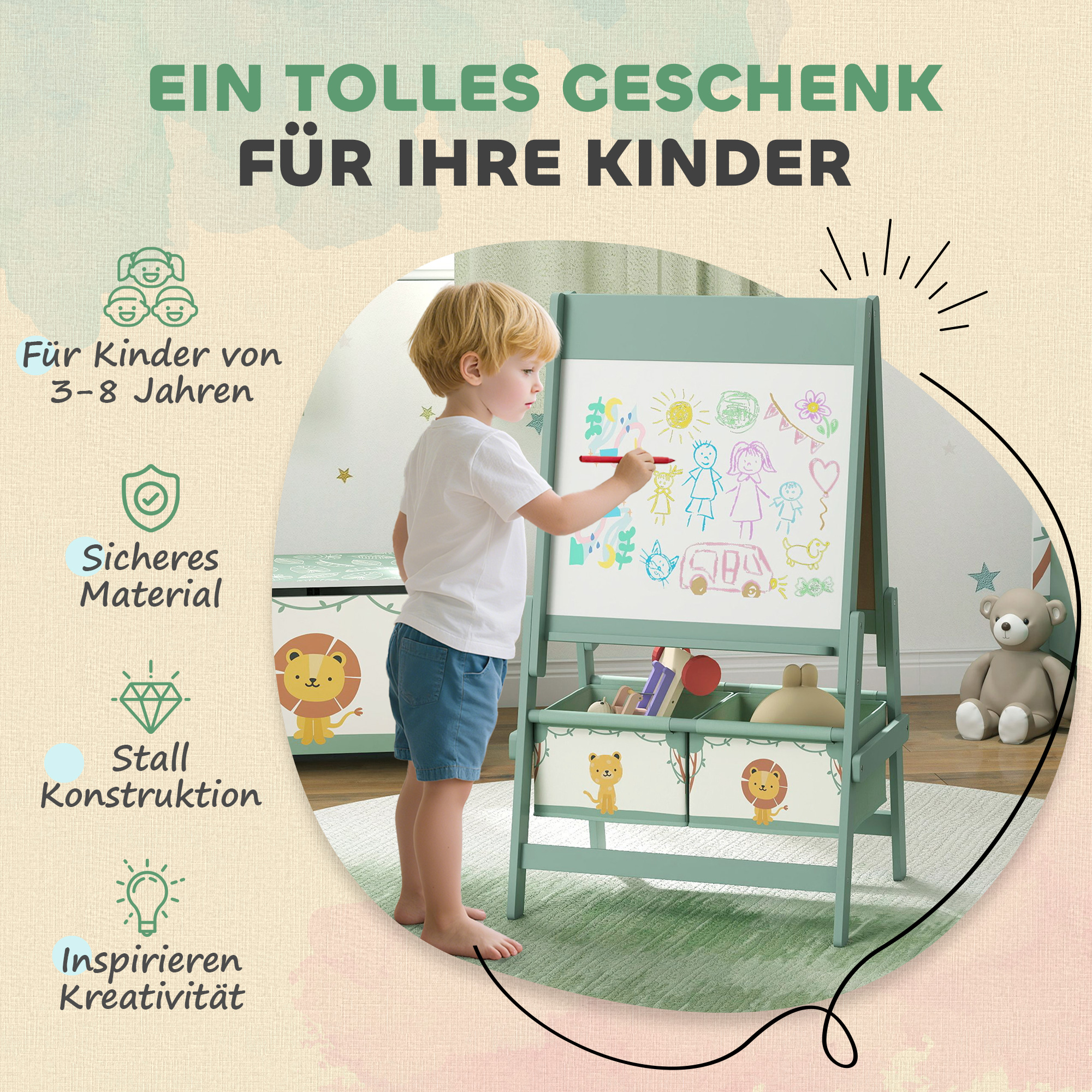 Kinder Staffelei 3 in 1 Kindertafel mit Kreidetafel, Whiteboard, Papierrolle, 2 Aufbewahrungsboxen, für 3-8 Jahre Grün