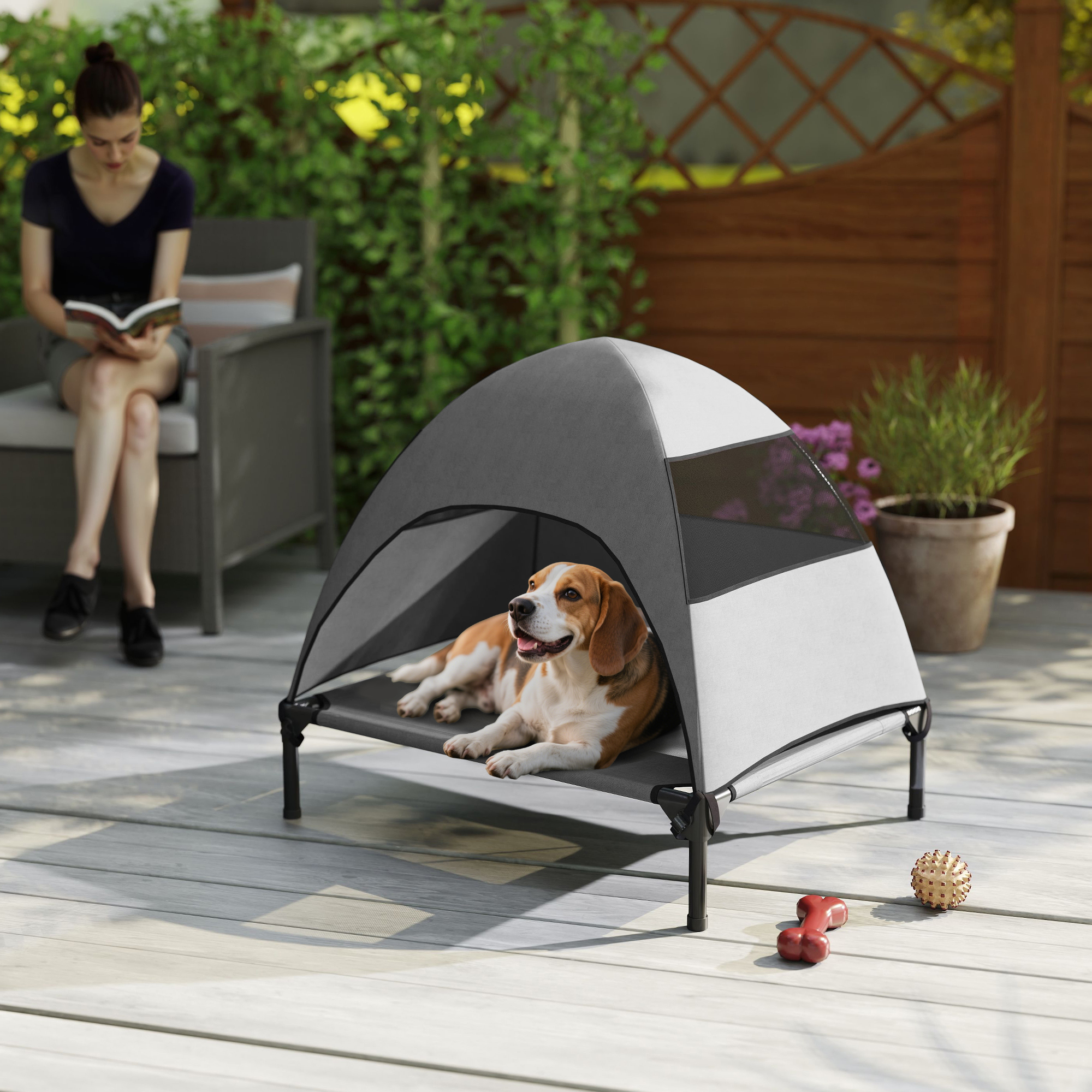 Hundeliege Outdoor mit Dach, erhöhtes Hundebett für Mittelgroße Hunde, 76 x 61 x 71cm, Hellgrau