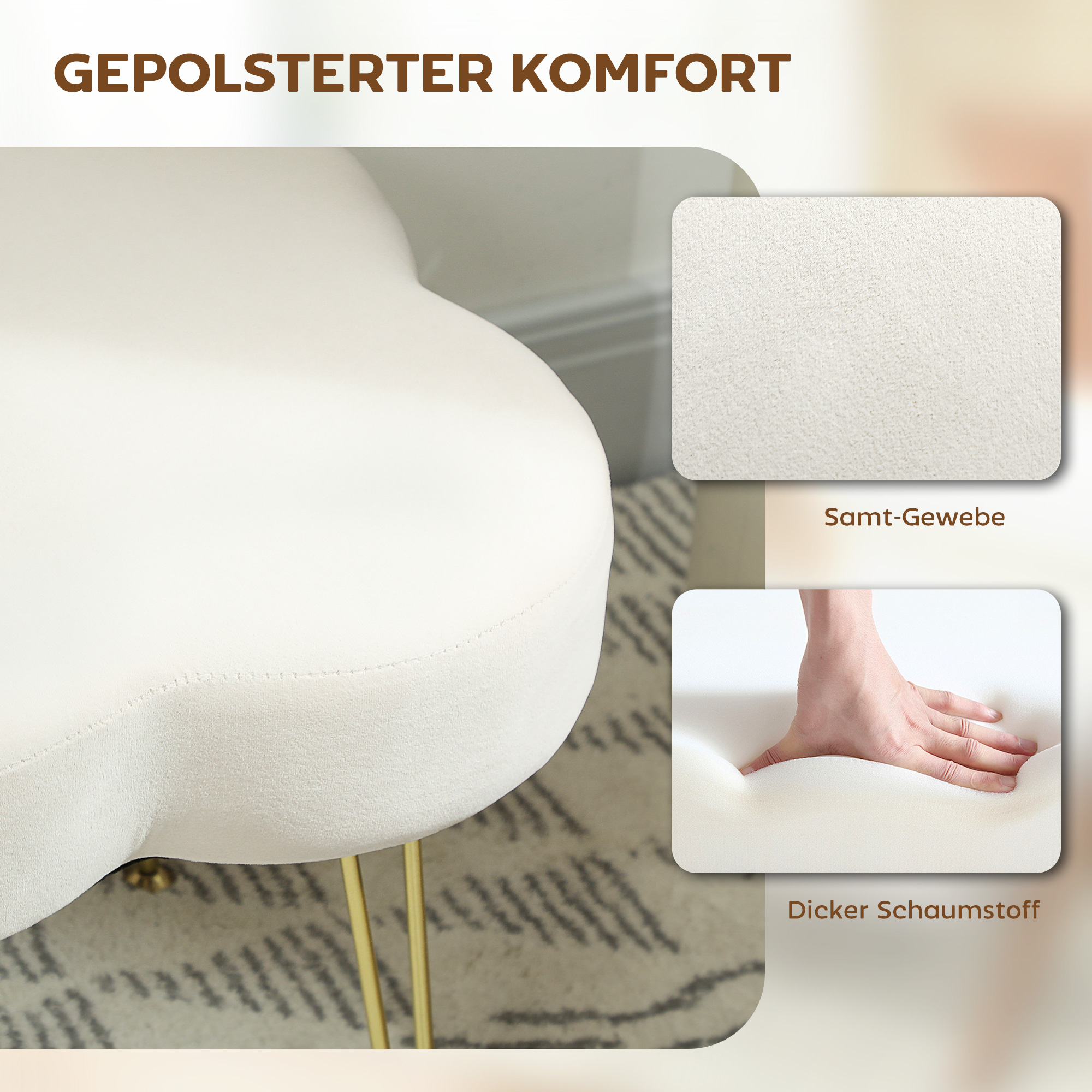 Sitzhocker, Polsterhocker in Kleeblattform, Stoffbezug, Stahlbeine, Cremeweiß