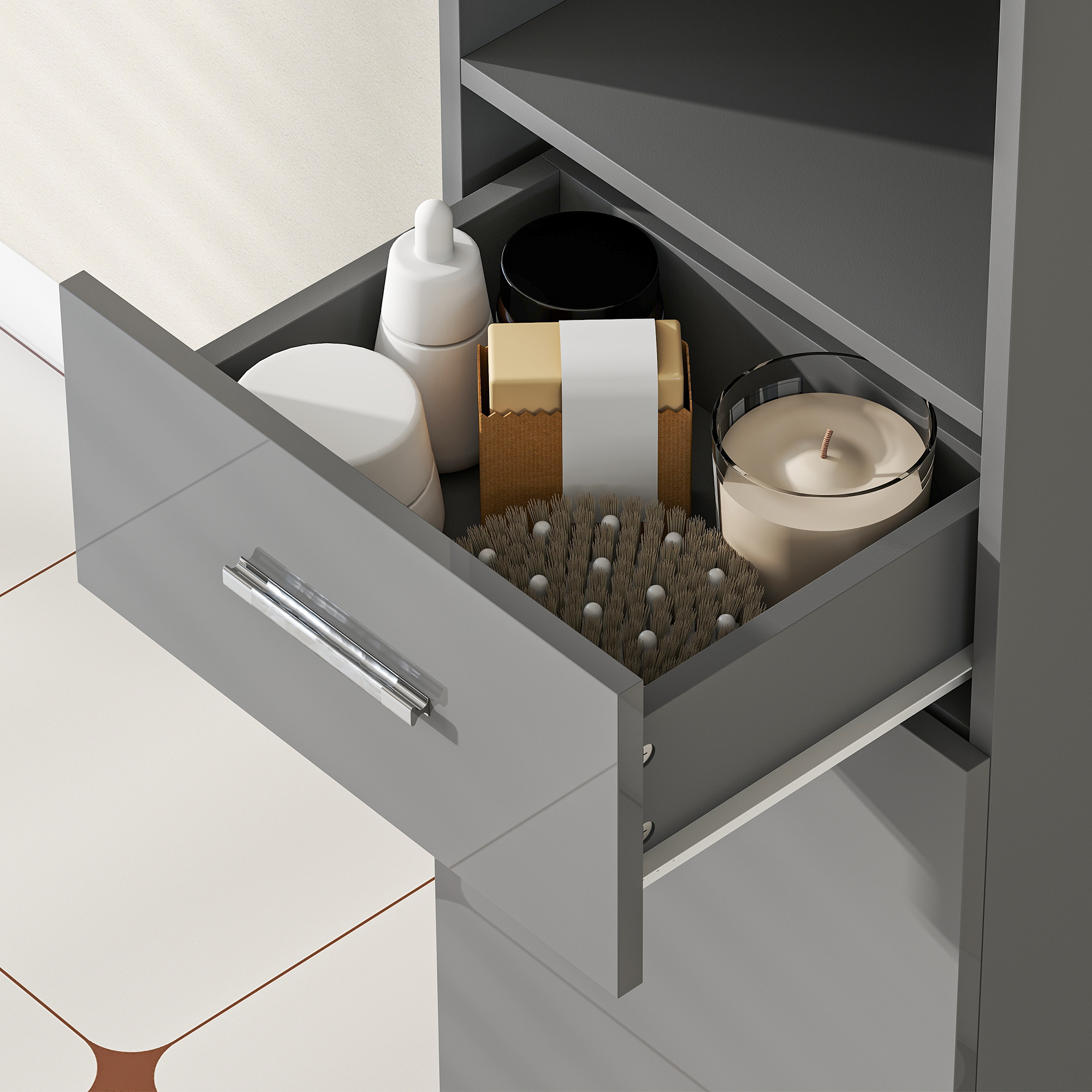 Badezimmerschrank, Badkommode, mit Regalen und Schublade, verstellbar, Grau