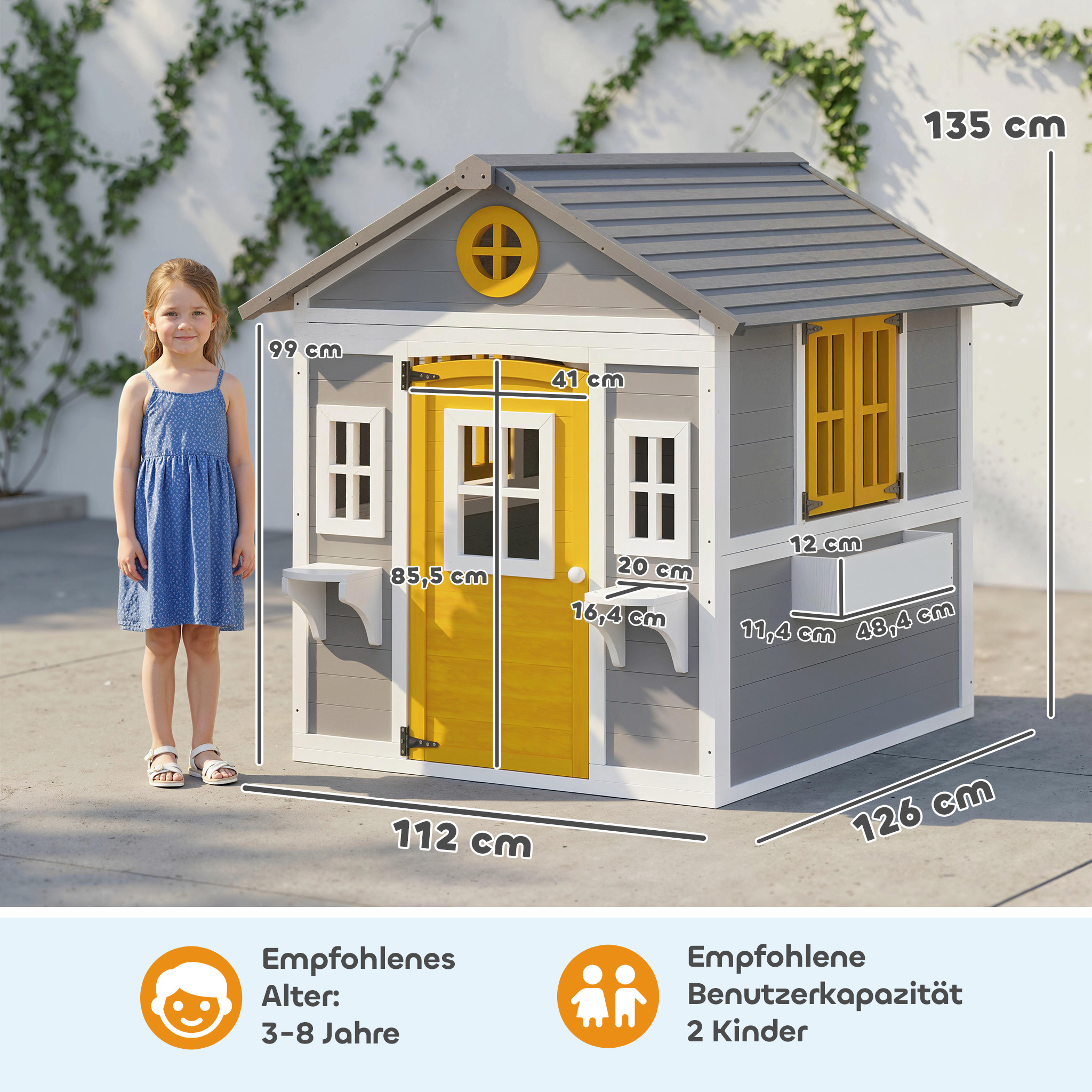 Spielhaus Wetterfestes Kinderspielhaus aus Holz mit Tür 6 Fenster 2 Blumenkästen 2 Blumenständern für 3-8 Jahre Grau