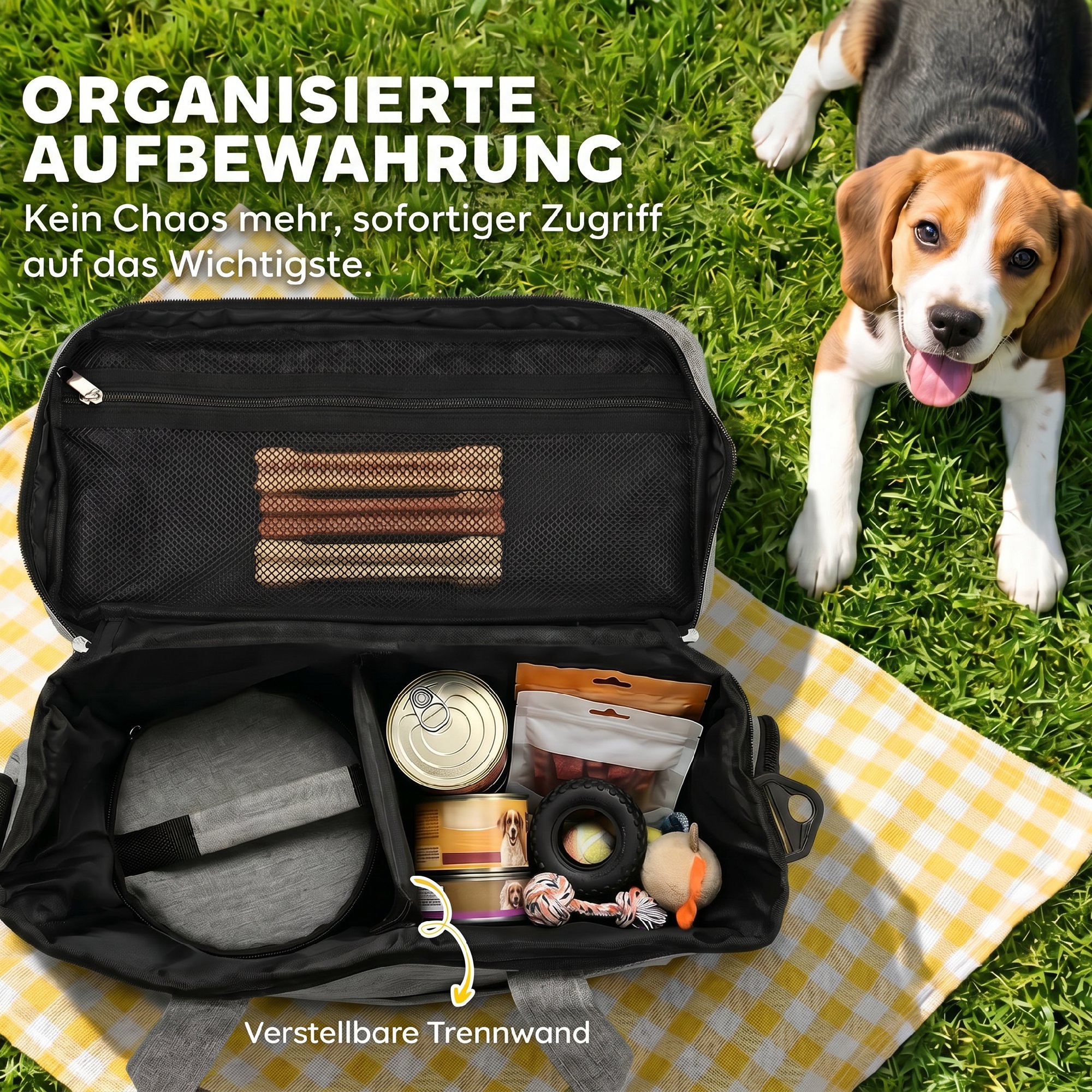 Hundebox Transportbox Hund mit mehreren Fächern 2 Futterbehältern zusammenklappbar Silikonschüssel 38x17x35 cm Hellgrau