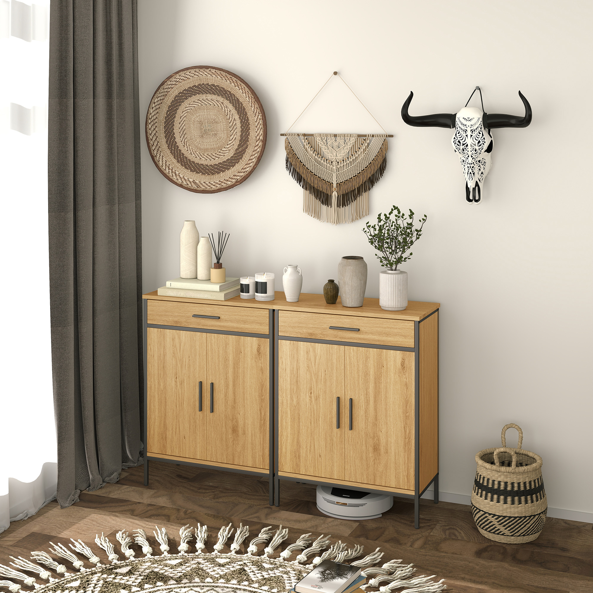 Badezimmerschrank, zweistufige Regale, große Schublade, Industriestil, Eichenoptik