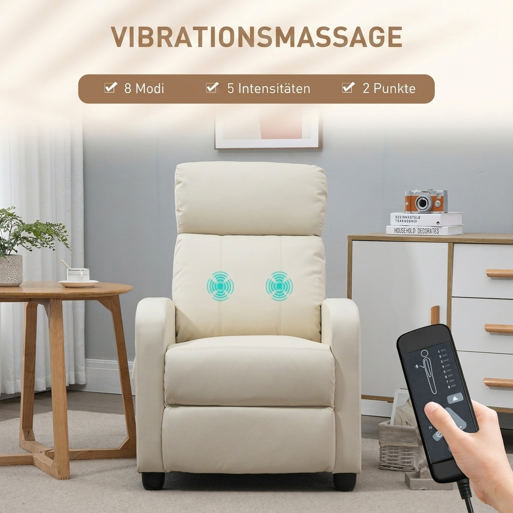Entspannungs-Massagesessel mit 8 Modi und 5 Intensitäten, Liege mit Fußstütze und Fernbedienung, PU-Kunstleder, Creme