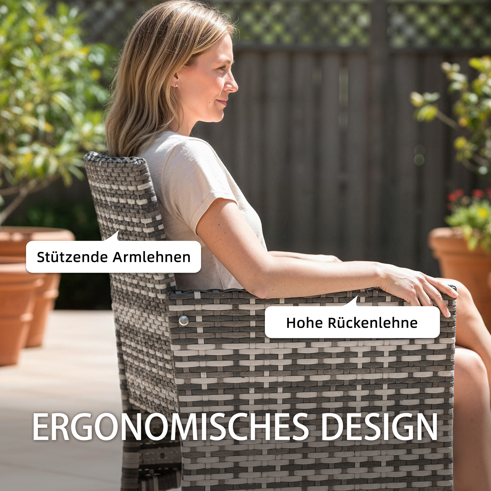 2er Set Gartenstuhl Polyrattan Gartenmöbel mit 2 Sessel Abnehmbaren Kissen Stahlrahmen Grau