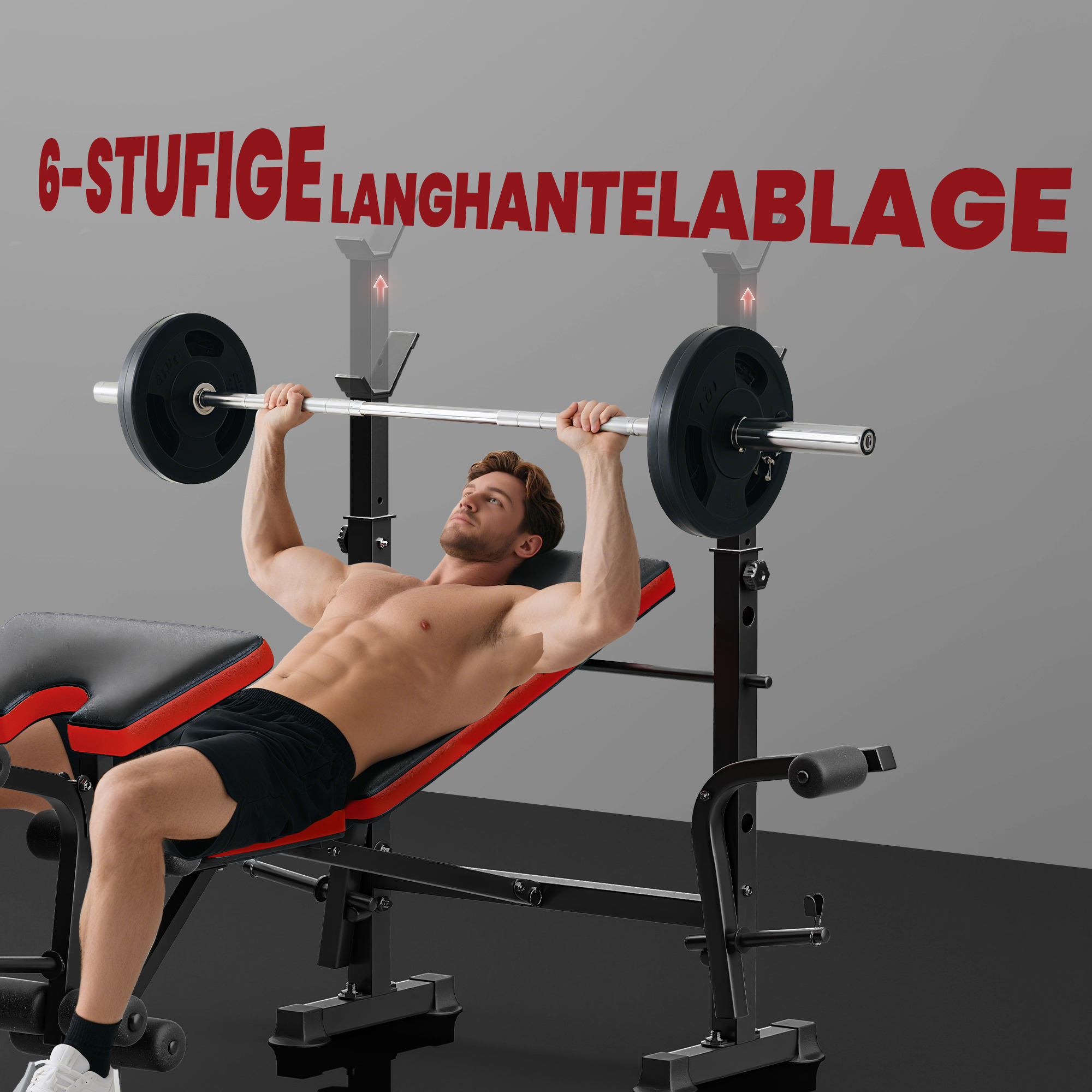 Hantelbank ohne Gewichte, verstellbare Fitnessbank für zahlreiche Übungen,  Workout-Station, Stahl, Kunststoff, Schwarz+Rot