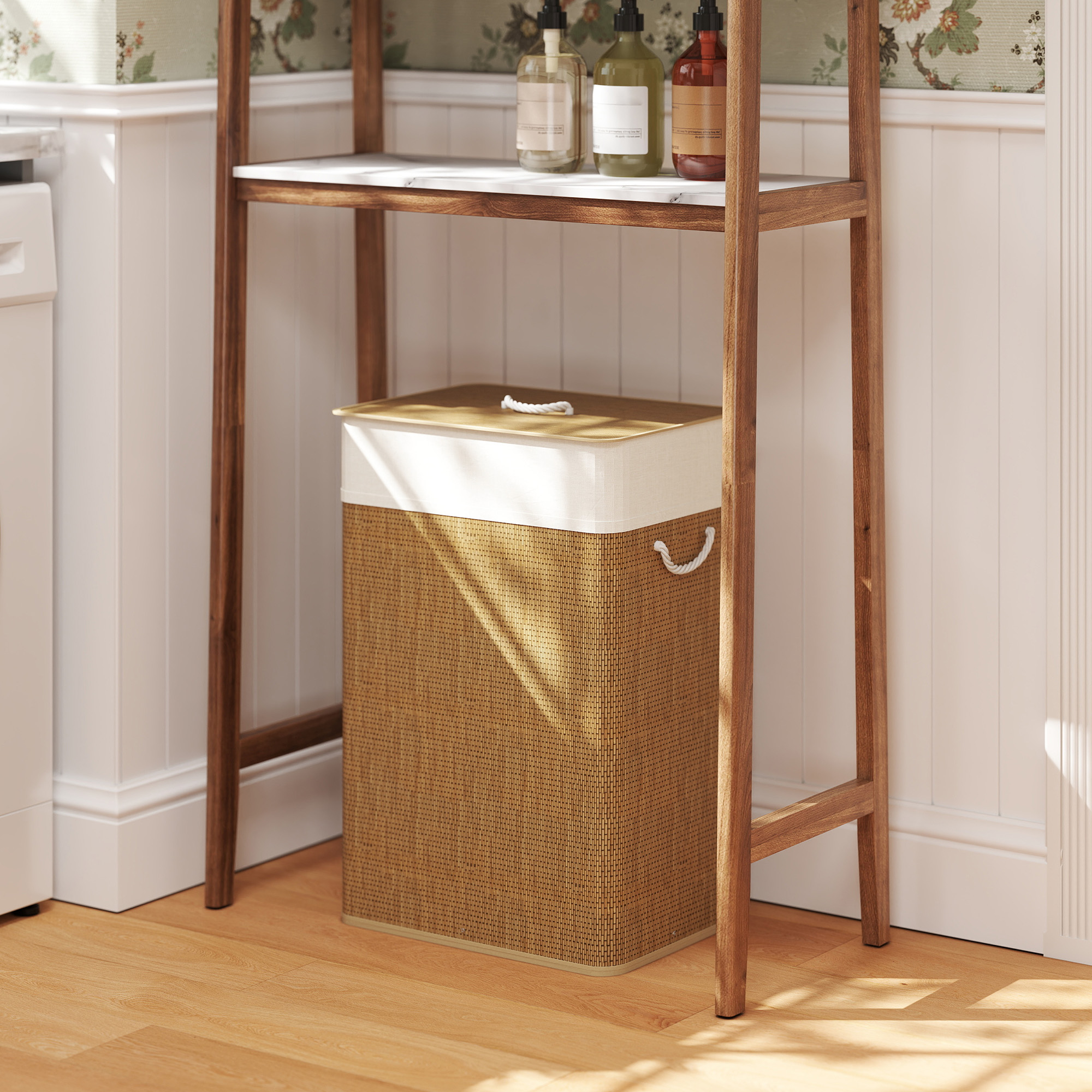 Bambus Wäschekorb mit Deckel 72 L Wäschesammler mit Bambusgriffen, herausnehmbarer Wäschesack Braun