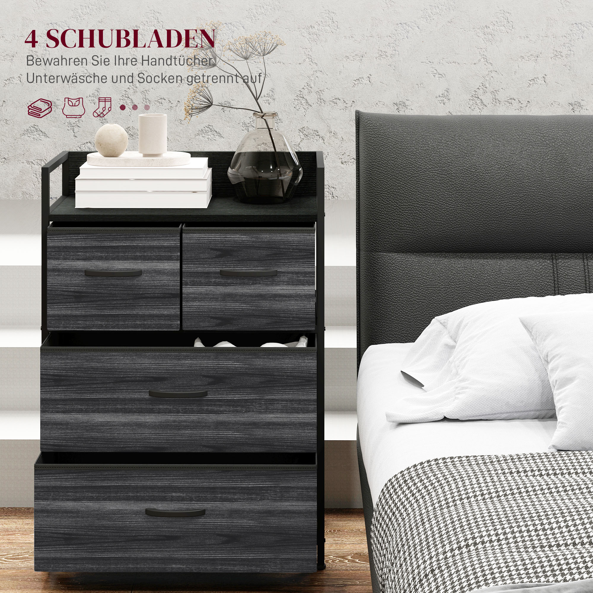 Kommode, Sideboard, 4 Stoffschubladen, Industrial Design, 60x29x85cm, Schwarz