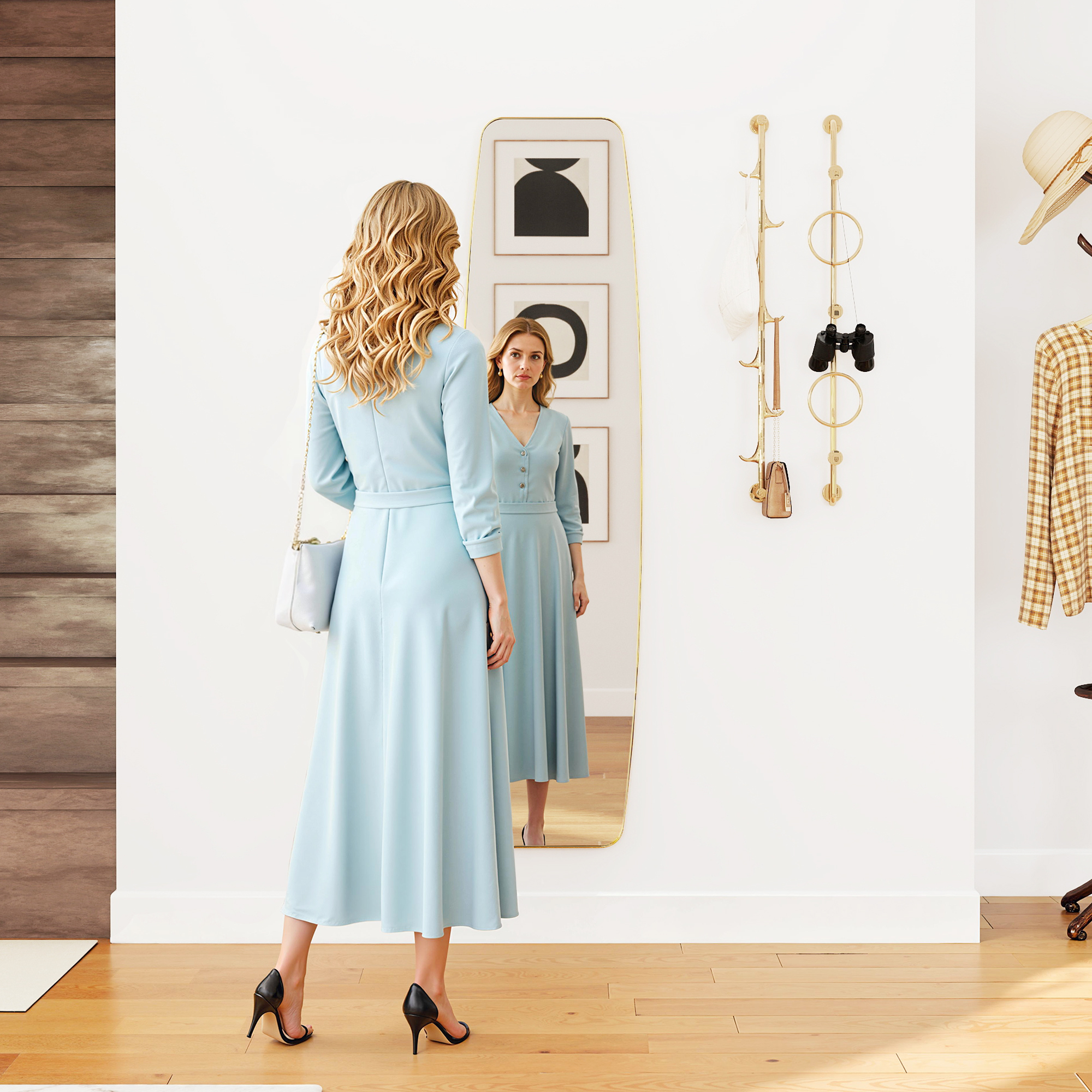 Wandspiegel Fenster Spiegel mit Metallrahmen Dekorativer Hängespiegel Flurspiegel, 160 x 40 x 3 cm, Gold