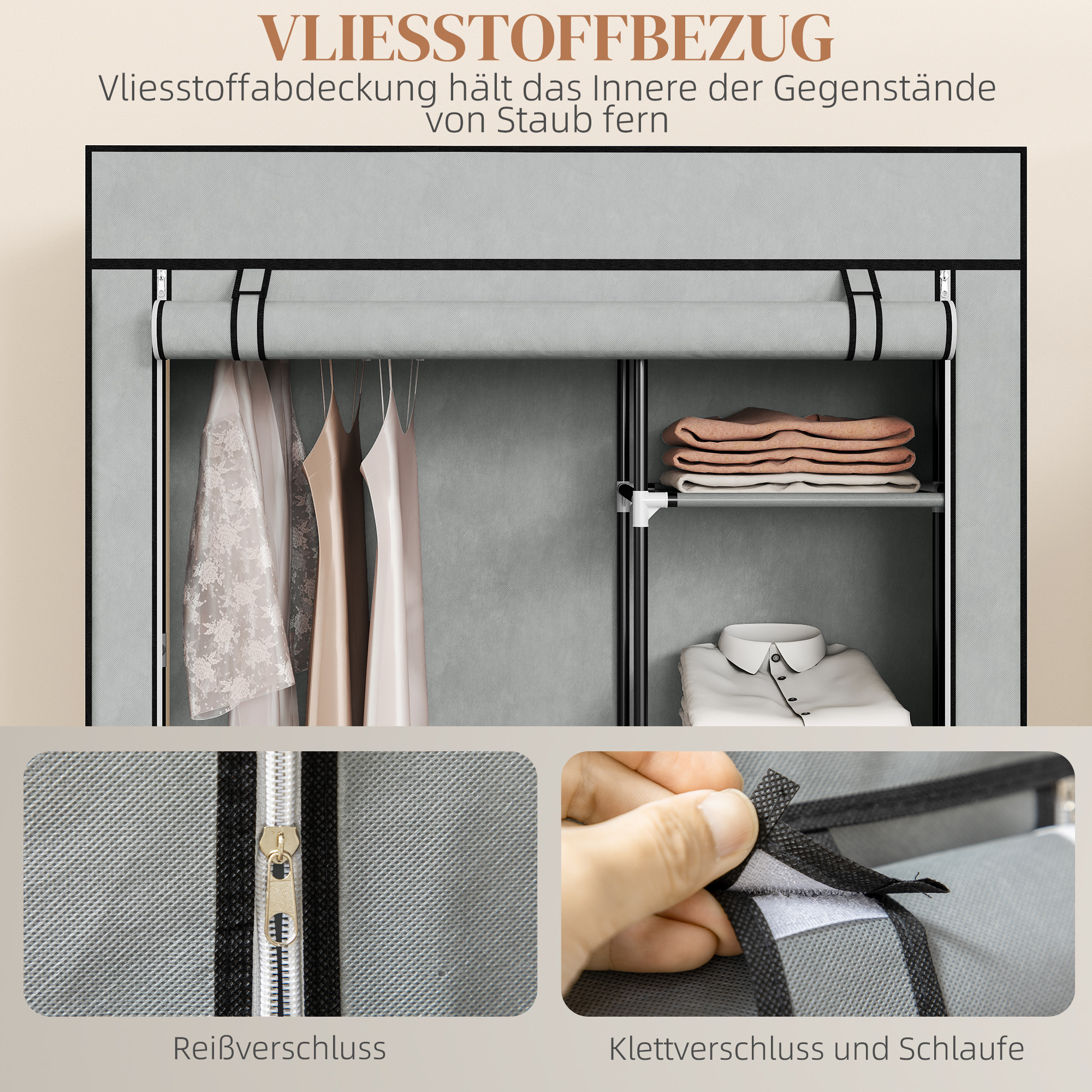 Schrank aus Stoff, Aufbewahrungslösung, 6 Regale, 1 Kleiderstange, Hellgrau