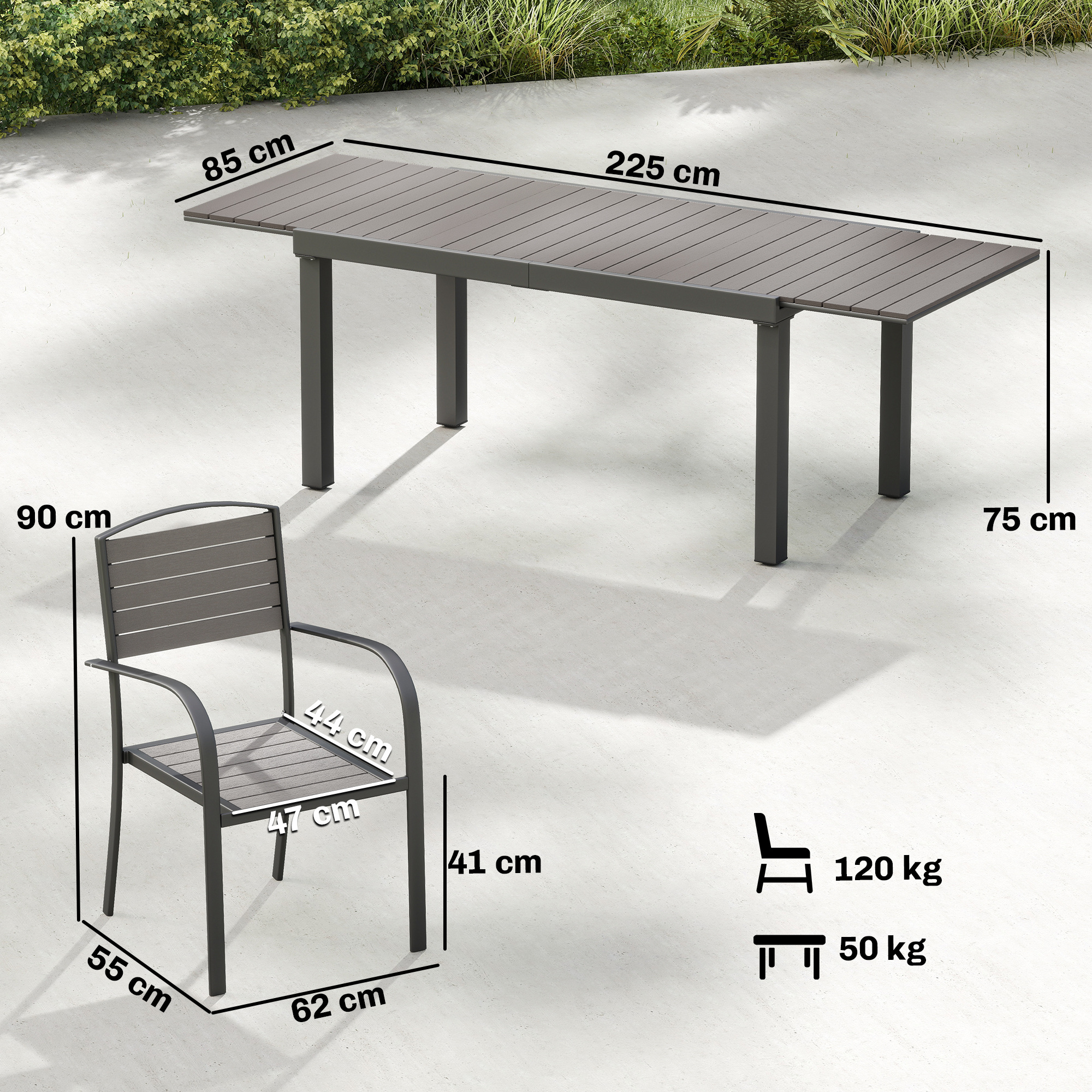 Gartenmöbel Set Sitzgruppe 7-teilig Ausziehbar Tisch mit 6 Stühlen Holzoptik Lamelldesign Aluminiumrahmen