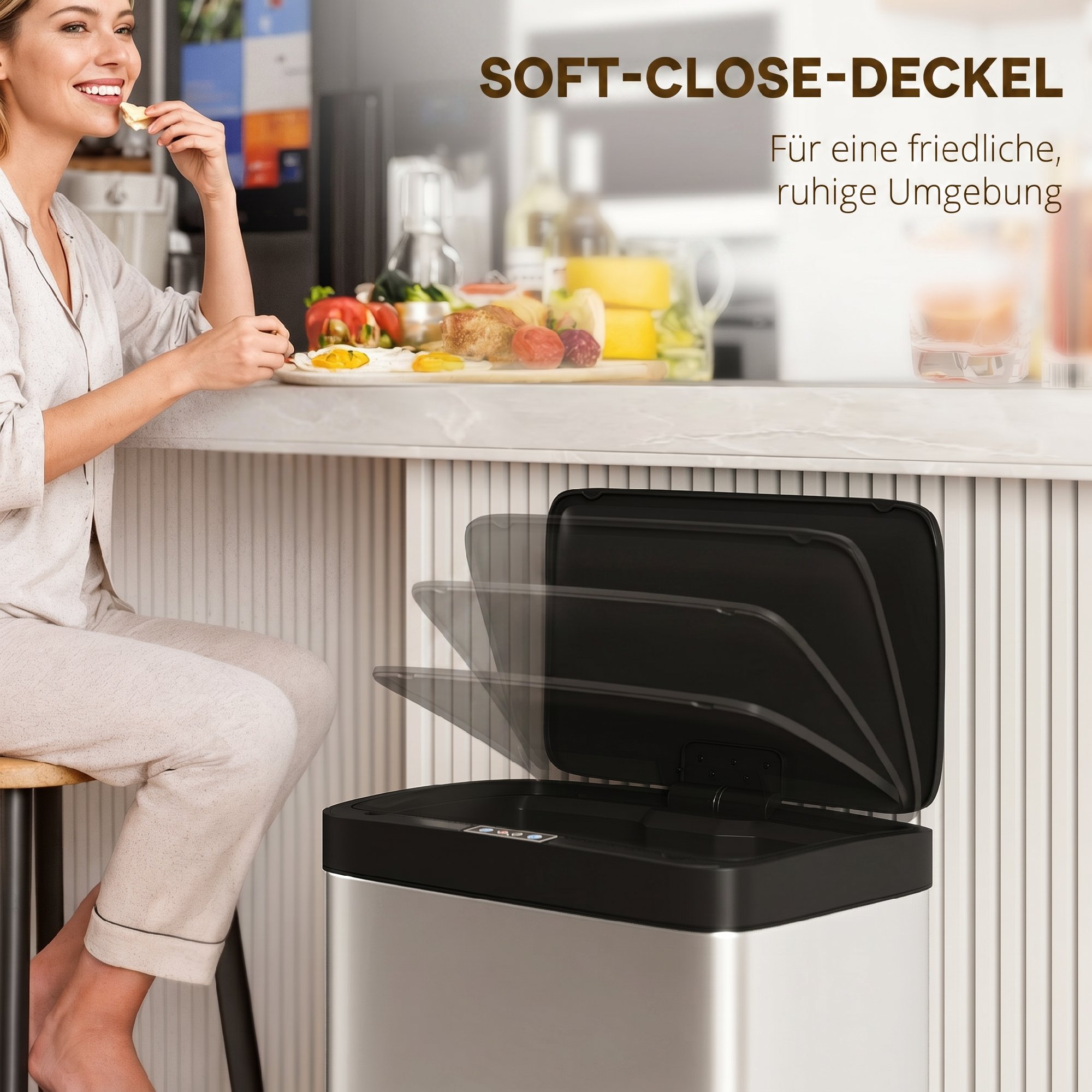 Sensor-Mülleimer, 45L Küchenmülleimer mit Soft-Close-Deckel, Bewegungssensor für Küche, Schlafzimmer, Büro, Silber