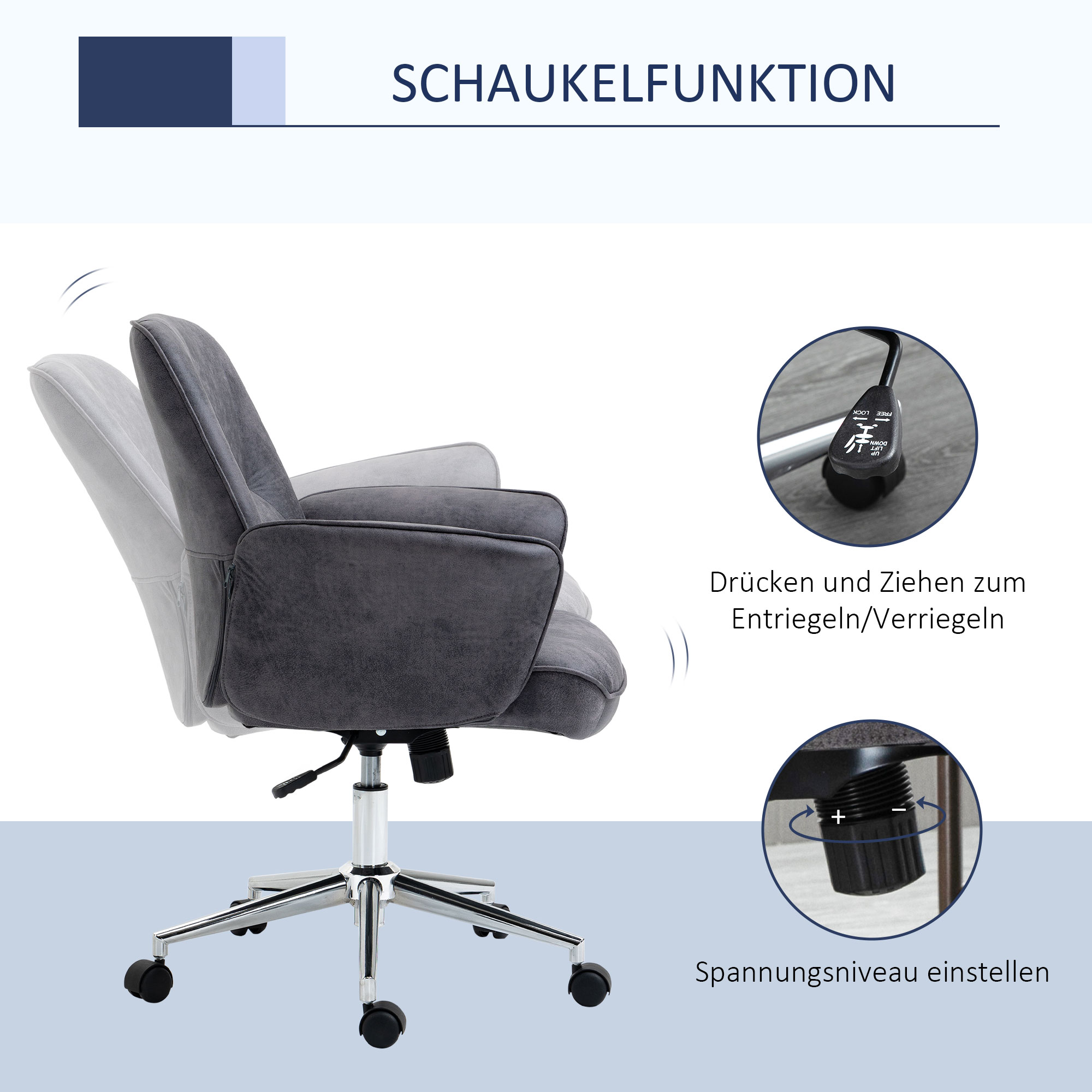Bürostuhl, Schreibtischstuhl, höhenverstellbar, Wippfunktion, drehbar, Stahl, dunkelgrau, 67 x 69 x 102cm