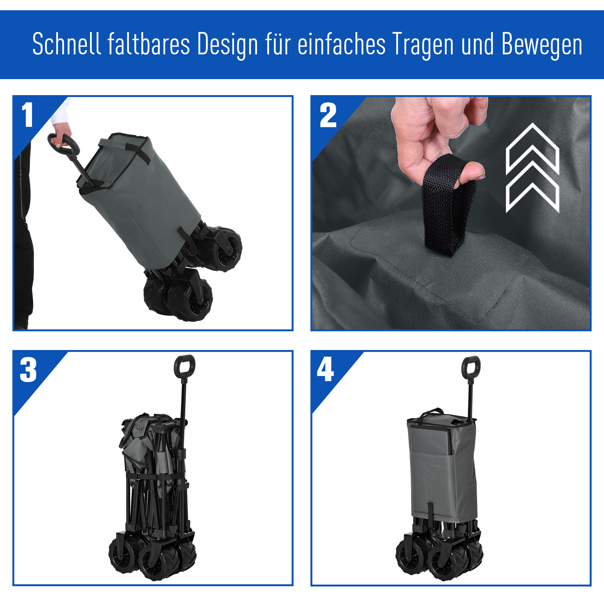 Bollerwagen Faltbarer Handwagen 360° Gartenwagen Transportwagen mit  Teleskop Griff Verstellbarer Griffhöhe Strandwagen bis 70 kg Tragkraft Metall Oxford Dunkelgrau 108 x 55 x 59-89 cm