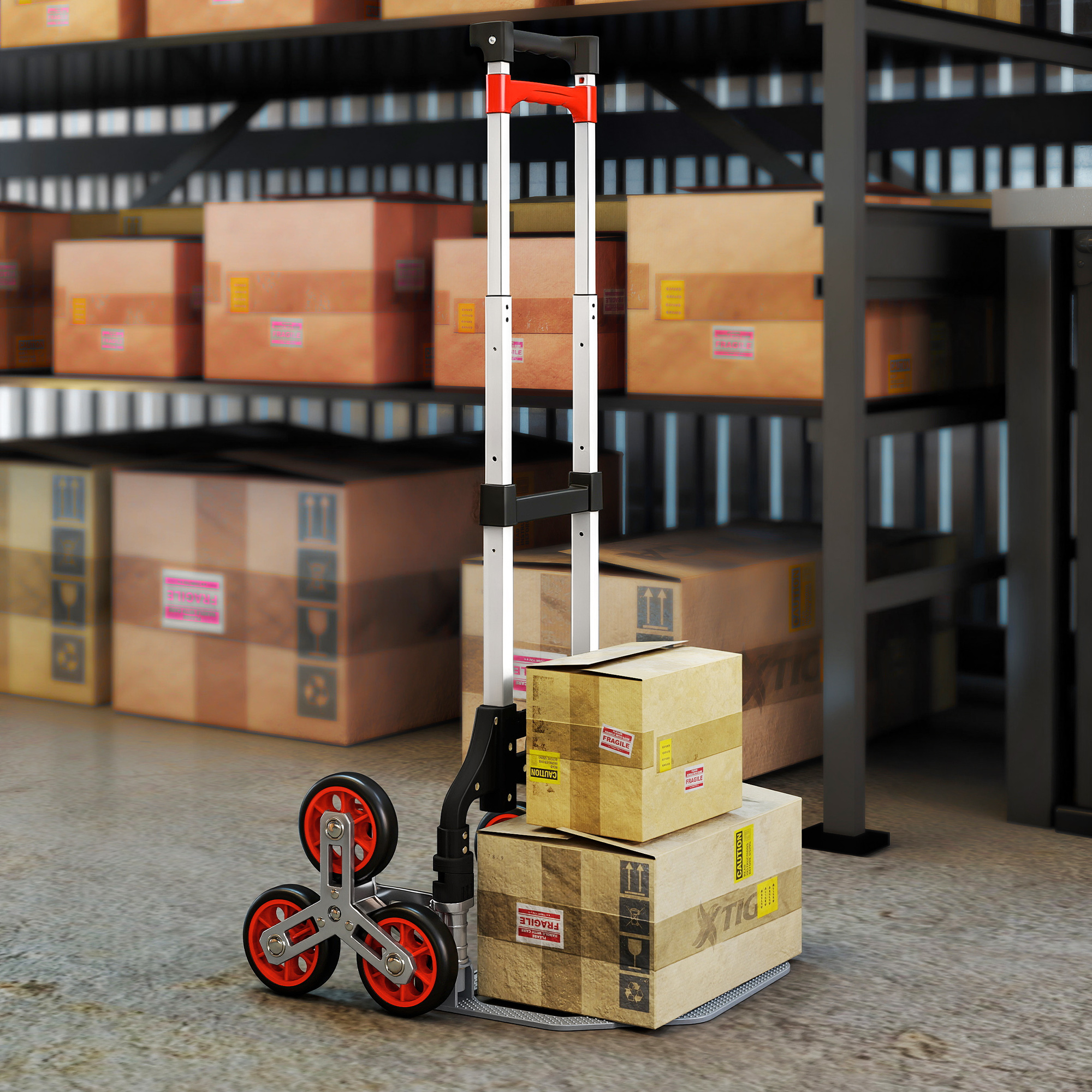 Faltbarer Treppensteiger-Trolley, 6-Rad-System, trägt 70 kg, Aluminium, Rot