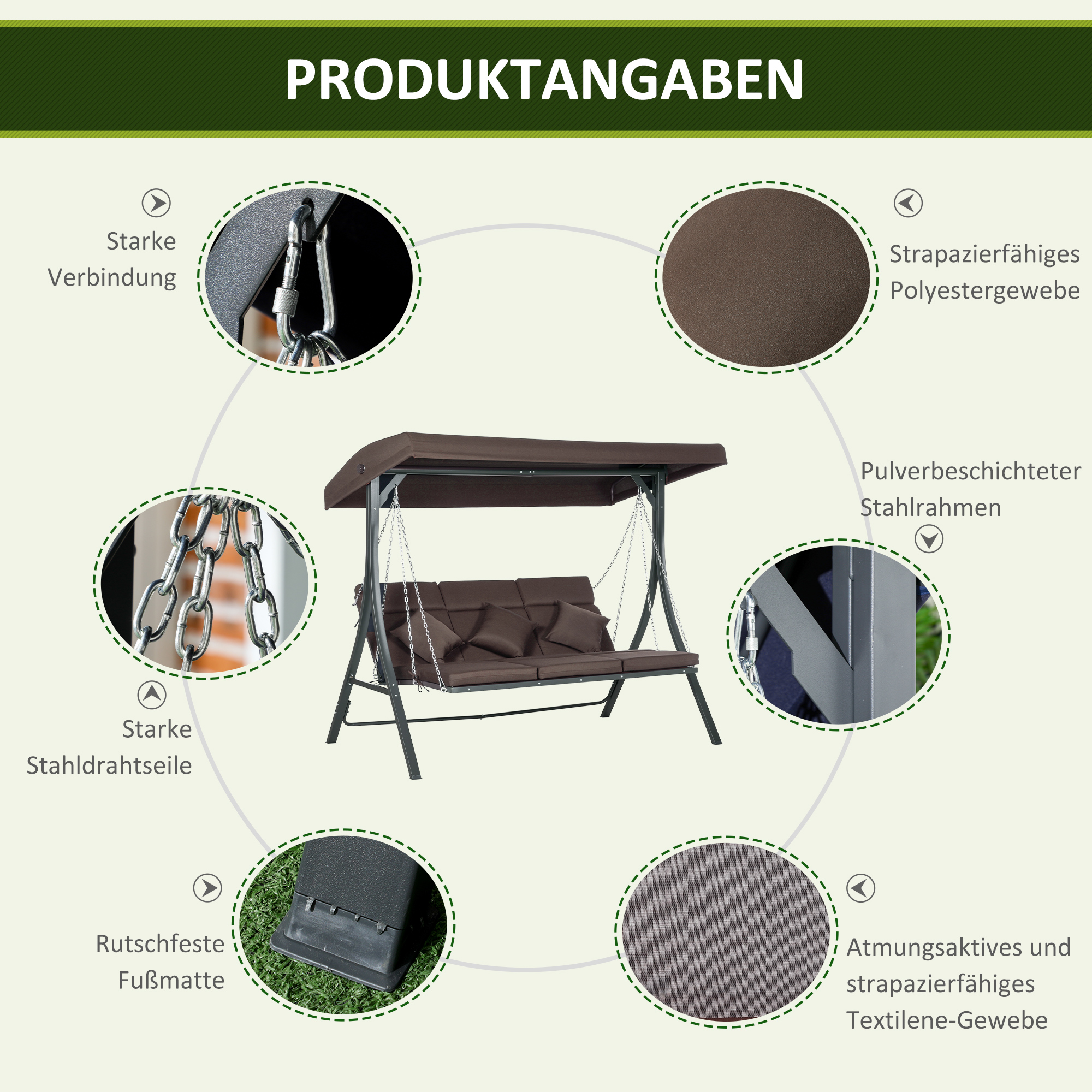 Hollywoodschaukel, für 3 Personen, verstellbares Sonnendach, bis 270 kg, braun, 198 x 118 x 168 cm