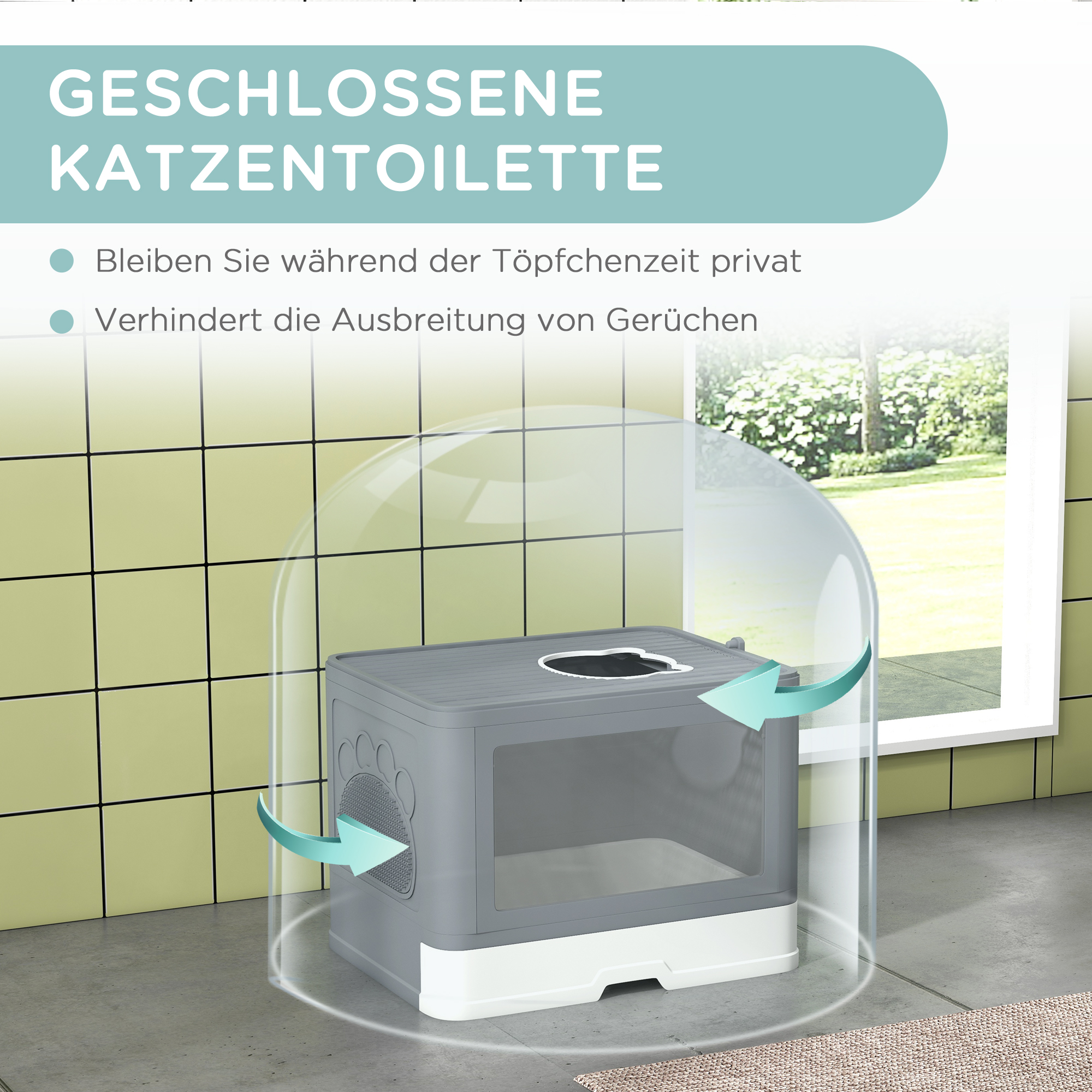 Katzentoilette Katzenklo Katzentoillete mit Abdeckung, 2 Ausgänge, 48,5 x 38 x 36,5 cm, Grau + Weiß